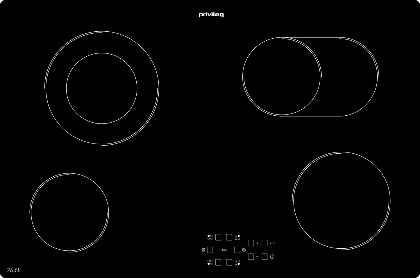 Privileg PCTAC 7042 NE stikla keramikas plīts / 77 cm / Duo vārīšanas zona / Skārienvadības kontrole / Bērnu aizsardzība / Taimeris ar automātisko izslēgšanu / Atlikušās siltuma rādītājs