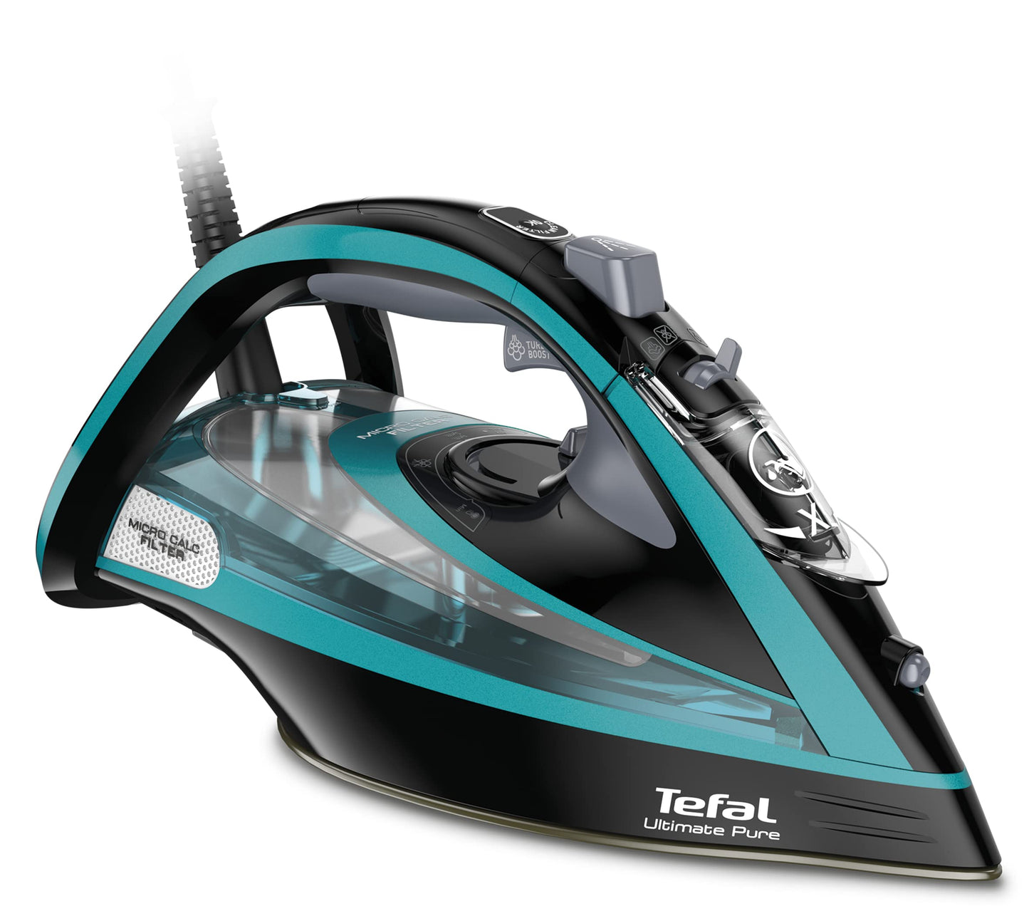 Tefal Ultimate Pure FV9844 - 3200W, Micro-Calc filter, Durilium Airglide sole, auto shut-off, 0.35L, black/blue.