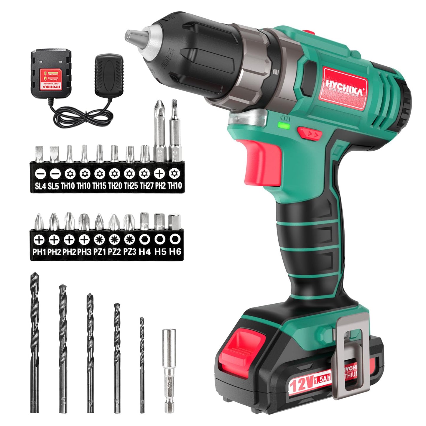 HYCHIKA 12V akumulatora urbjmašīna - 30N-m, 21+1 griezes moments, 2 ātrumi, LED gaisma, 1500mAh akumulators, 25 piederumi