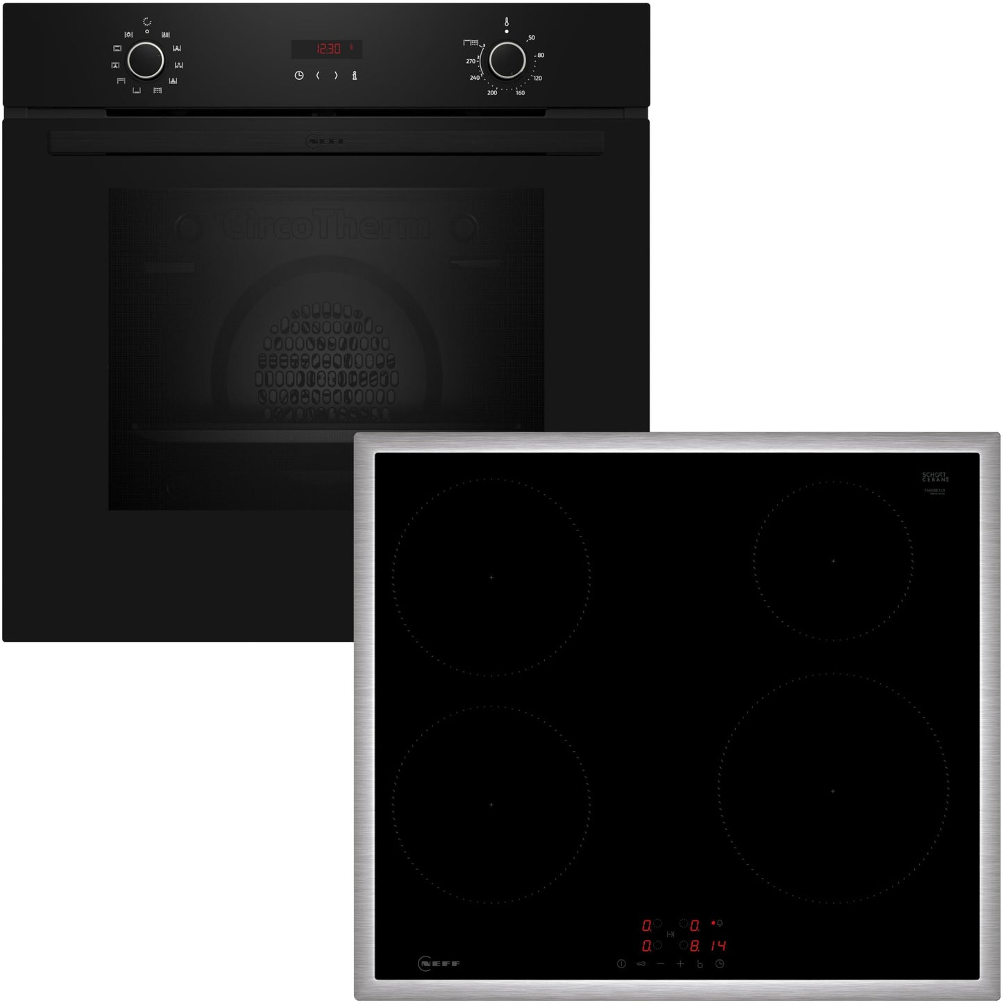 NEFF BX46PIB, N 30, Iebūvējamais cepeškrāsns komplekts, Iebūvējama cepeškrāsns un plīts kombinācija 60 cm plata, CircoTherm, Pyrolyze, LED displejs, Skārienkontrole, Jaudas līmenis, Melna cepšanas zona