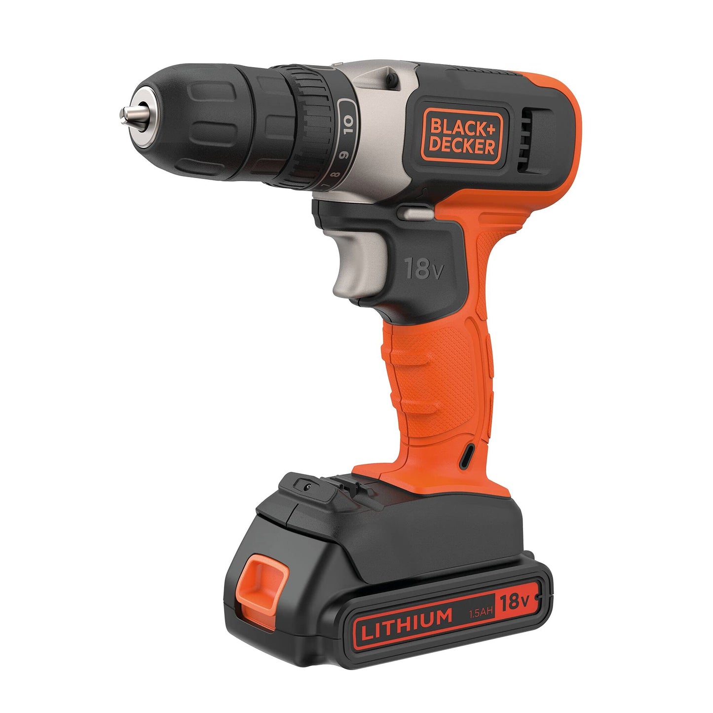 BLACK+DECKER akumulatora urbjmašīna - 18V, 1.5 Ah, 10mm ātrās fiksācijas, 10 griezes momenta pakāpes, LED gaisma, lādētājs iekļauts