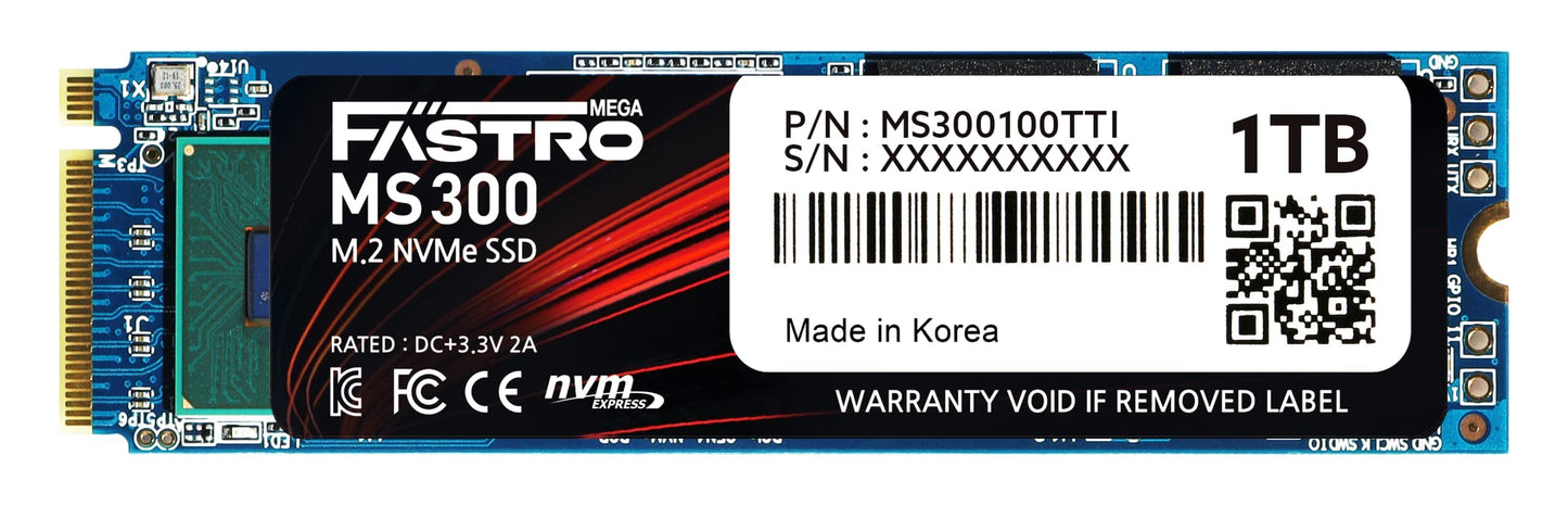 Mega Fastro SSD 1TB MS300 - PCI-Express NVMe, 7000 MB/s read, 6000 MB/s write speeds, high-performance storage.