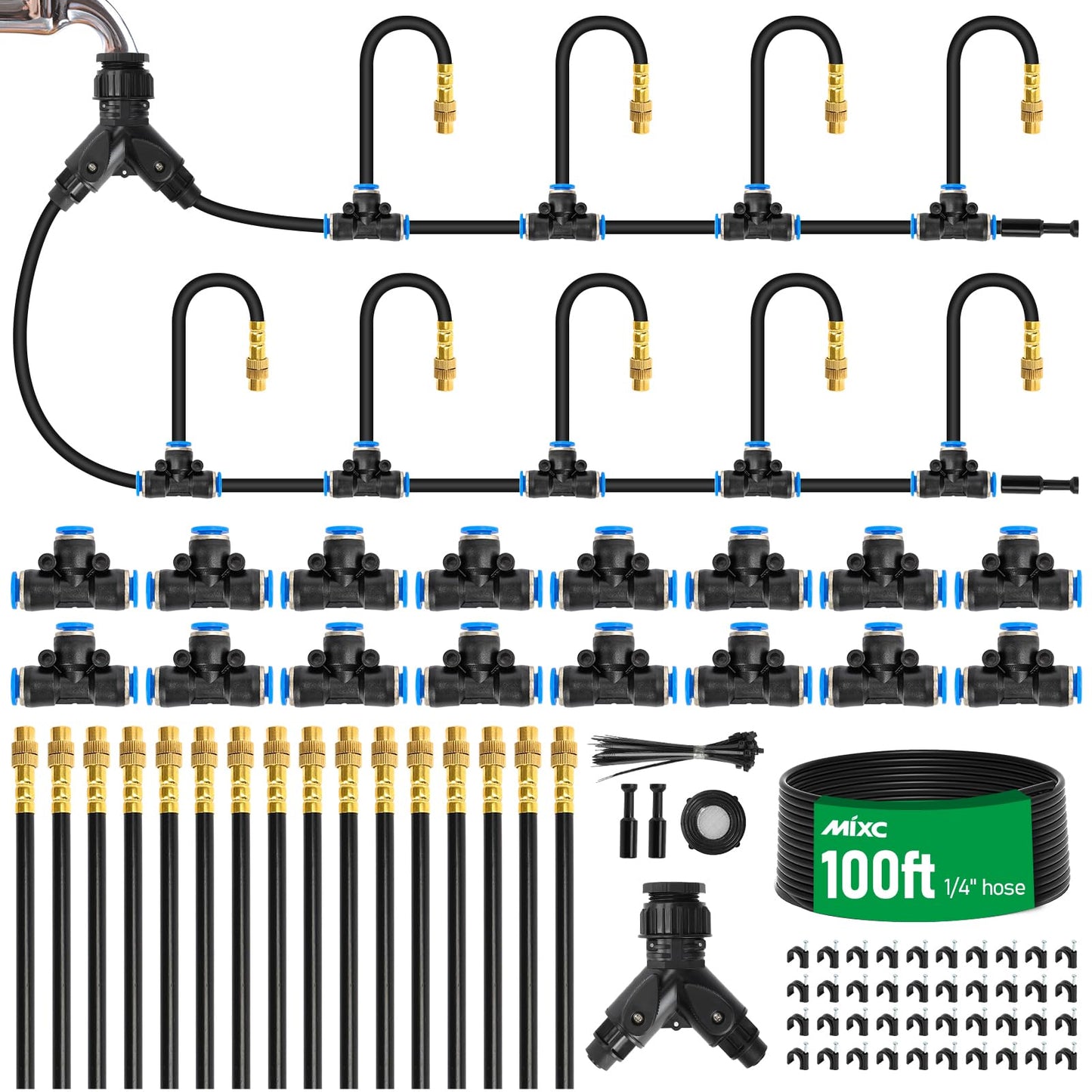 Pilienlaistīšanas sistēmas komplekts MIXC 360° regulējams, 30 m automātisks ātrās pievienošanas komplekts ar 1/4" Fast-Lock šļūtenēm, 16 gab. 360° regulējamas sprauslas dārzam un augiem