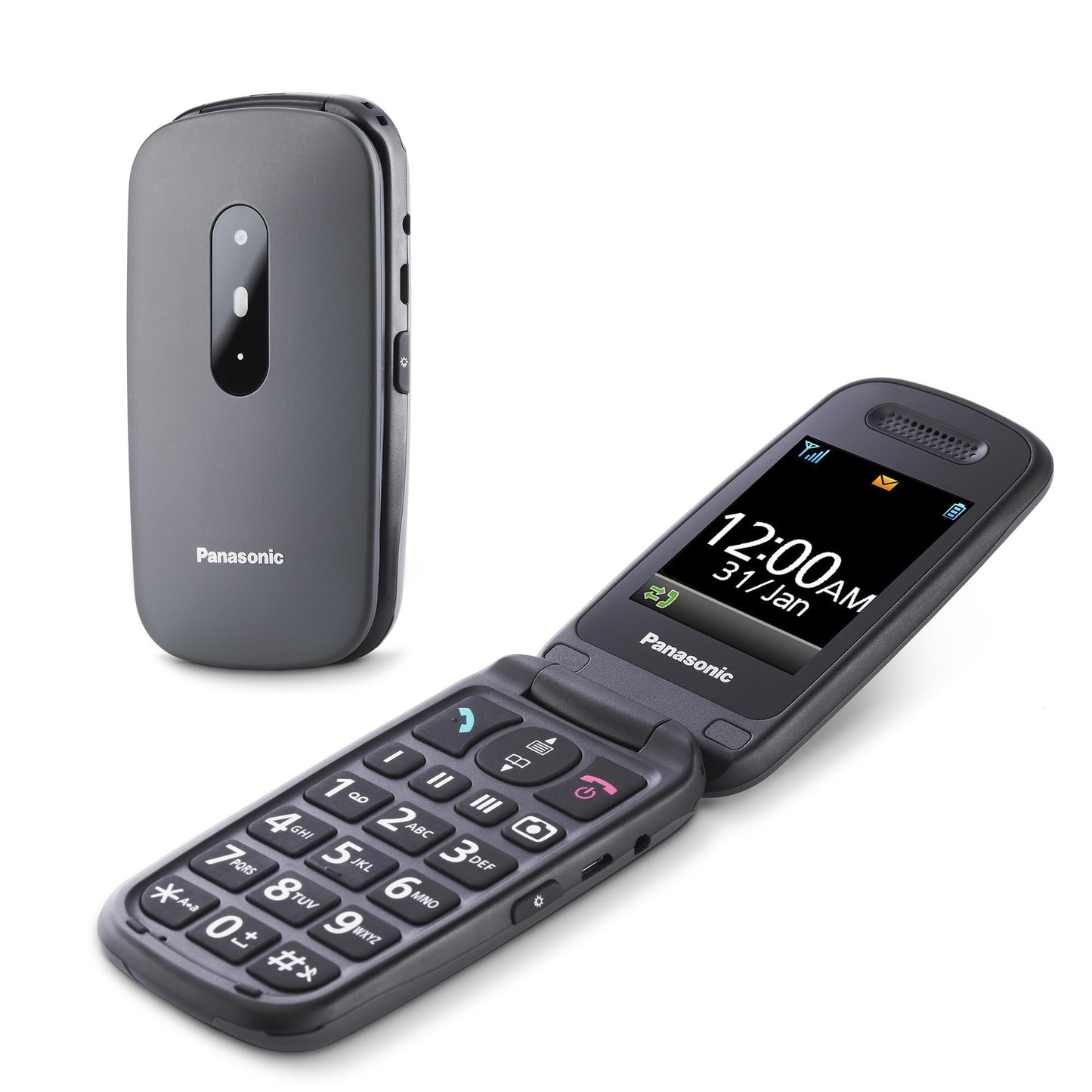 Senioru mobilais telefons Panasonic KX-TU446EXG 2G bez līguma, triecienizturīgs, SOS avārijas poga, skaņas pastiprinātājs, lielas atsevišķas pogas, liels fonts un numuru attēlojums, 2,4 Zoll krāsu displejs, atlokāmais telefons, pelēks