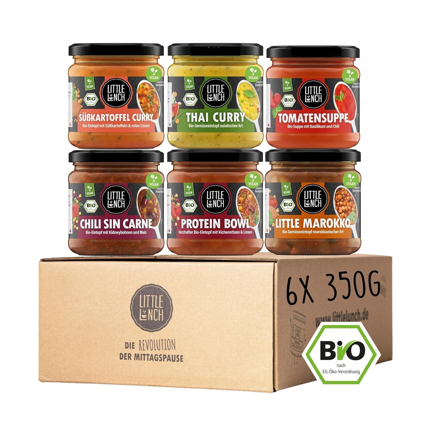 Bio vegānu iecienītāko zupu un sautējumu kaste Little Lunch, 6 x 350 g