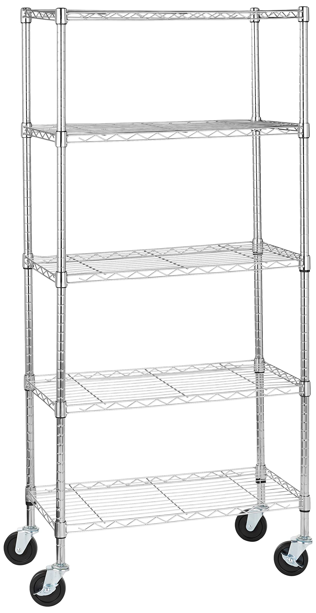 vidēja izmēra, uz 10,2 cm riteņiem, ar regulējamiem plauktiem un nivelēšanas kājiņām, maks. 680 kg, hroms, 35.6 x 76.2 x 164.5 cm (D x P x A)