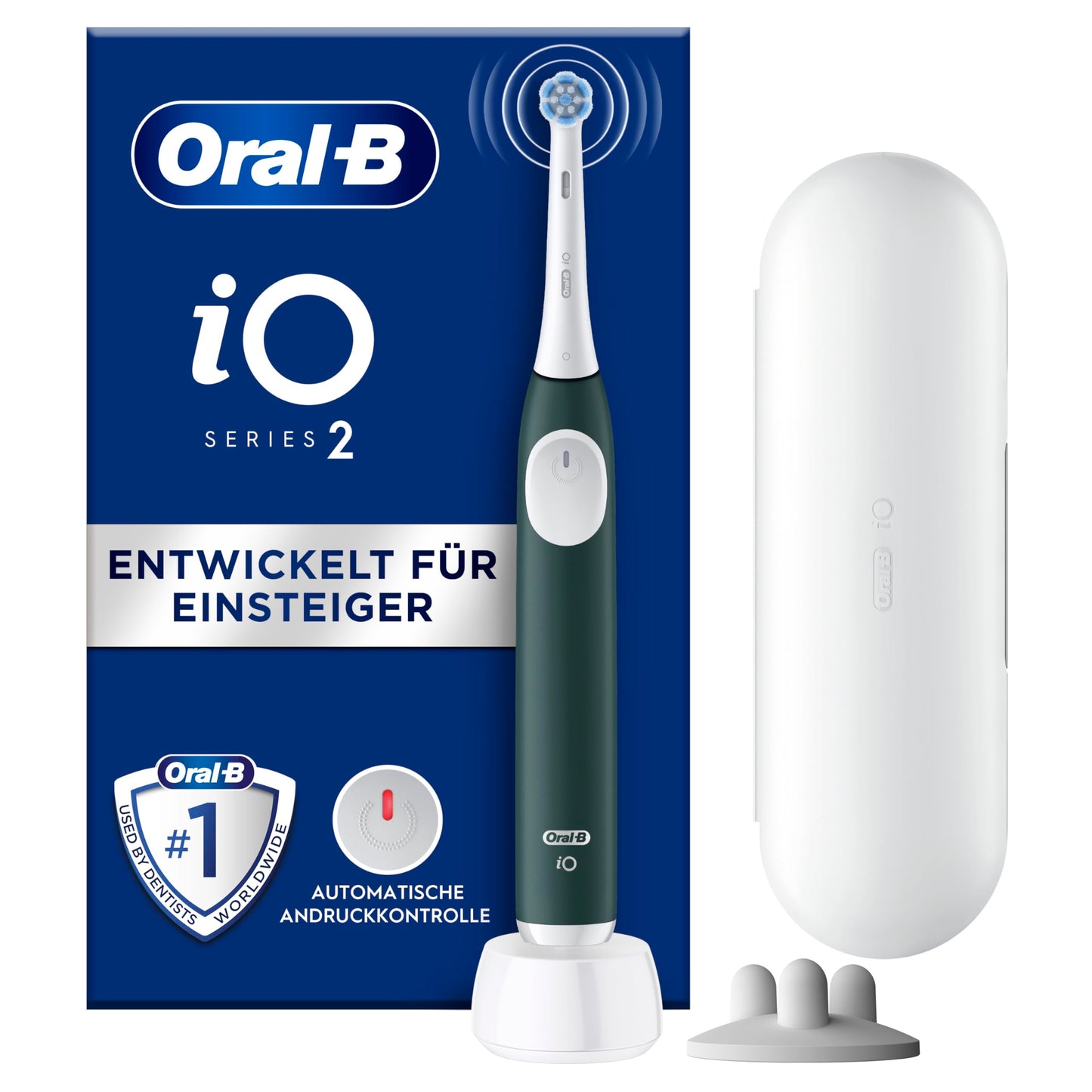 Oral-B iO Series 2 elektriskā zobu birste, 1 uzlikama birste, 3 tīrīšanas režīmi zobu kopšanai, magnēta tehnoloģija, ceļojuma maciņš, uzlikamo birstu turētājs, izstrādājusi Braun, Forest Green