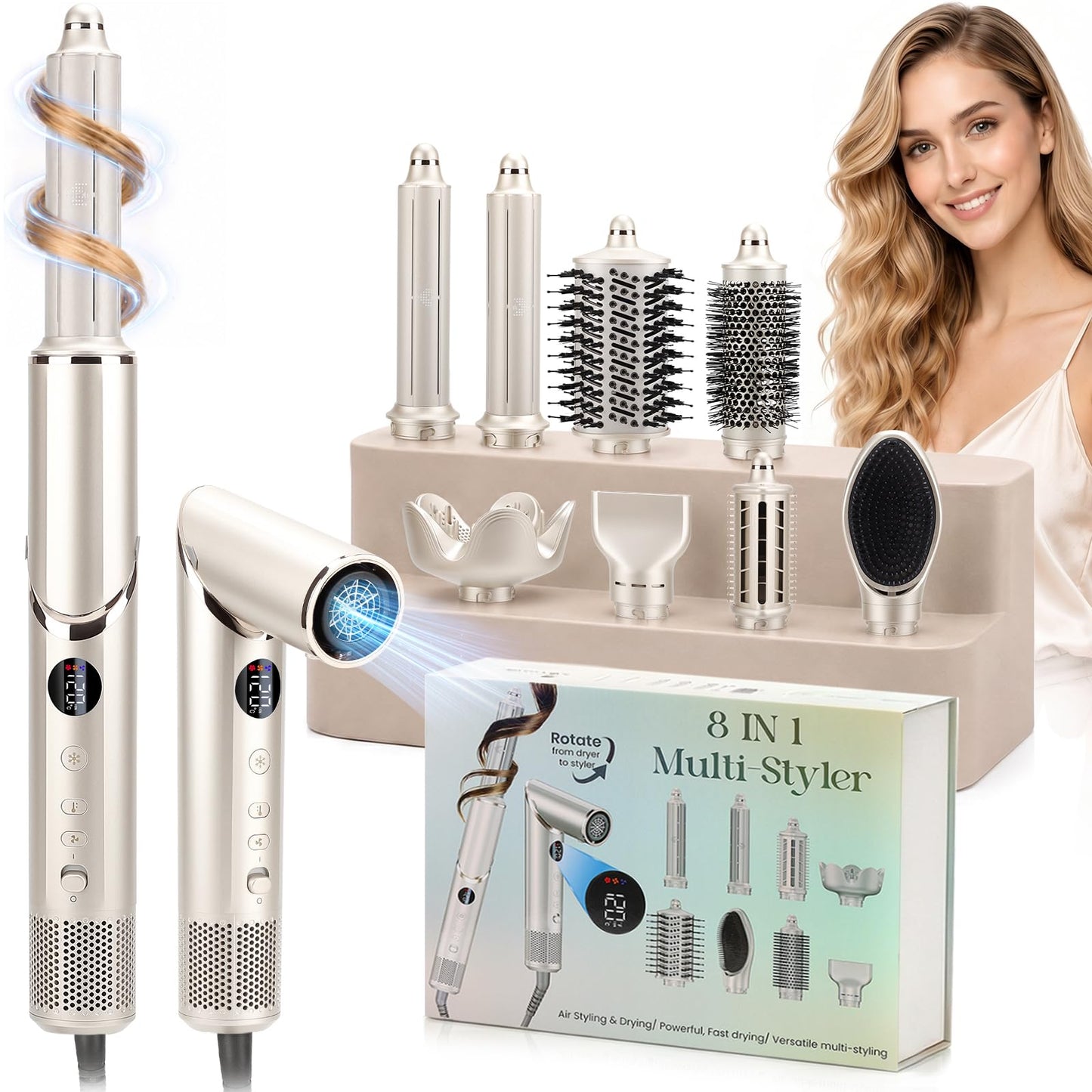 UKLISS 6 in 1 matu veidotājs, matu kopšanas un fēna komplekts ar automātisku karstā gaisa lokošanas birsti, Hair Dryer, apaļās birstes fēns, karstā gaisa birste, matu fēns, dāvanas sievietēm matu veidošanai - Pro White