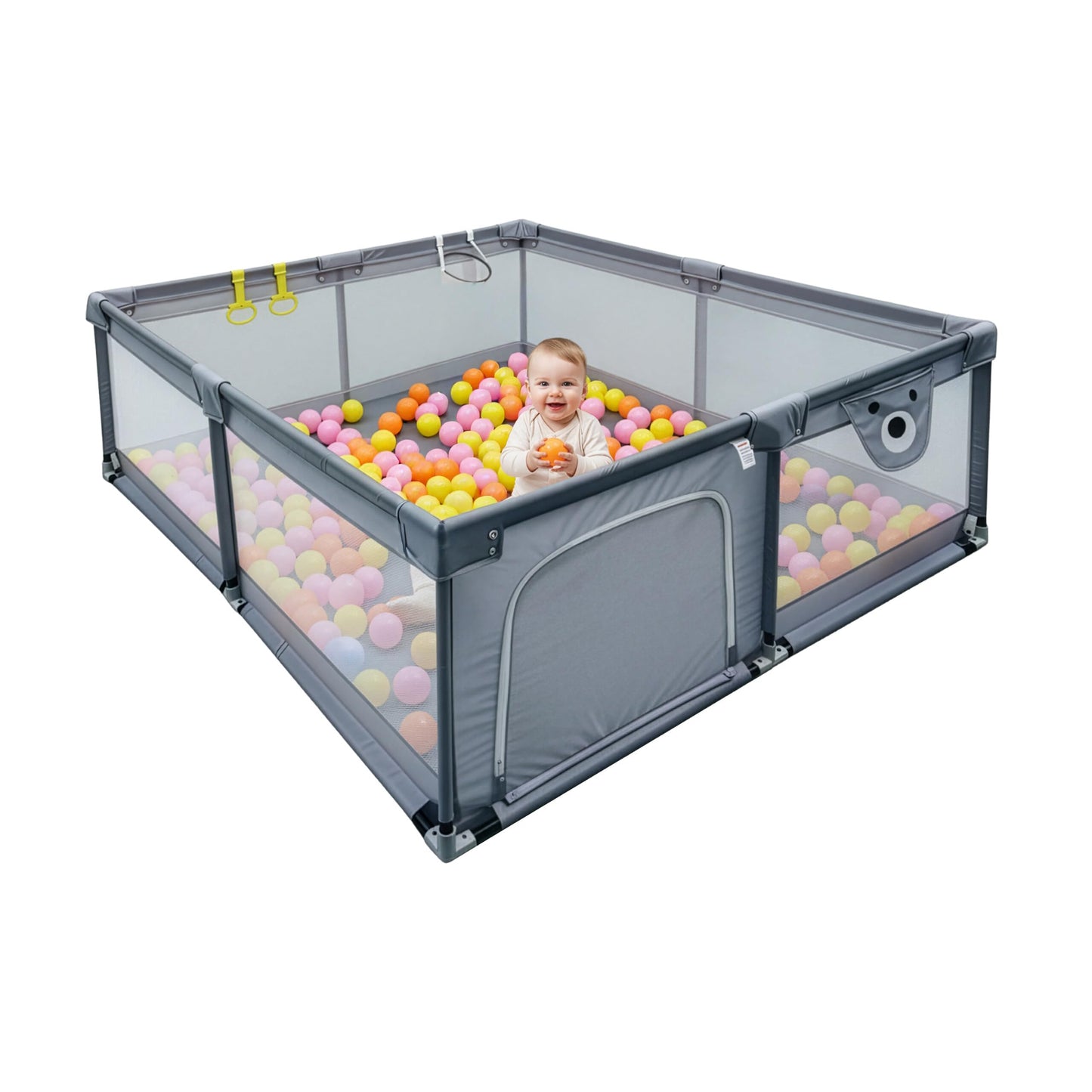 Bērnu manēža Relaxdays 200 x 200 cm ar 50 bumbiņām, 2 atbalsta gredzeniem, polsterējumu un pelēku Oxford audumu