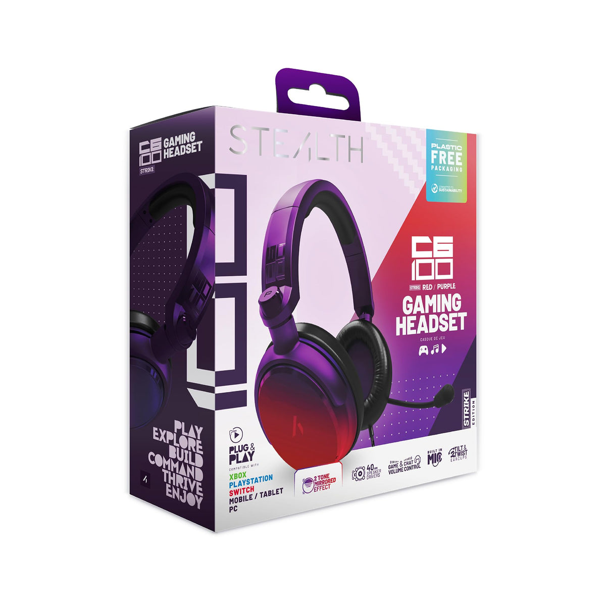 Gaming austiņas Stealth C6-100 Strike, multiformāta, sarkanas un violetas, saderīgas ar Xbox, PS, Switch, PC, tālruni un planšetdatoru