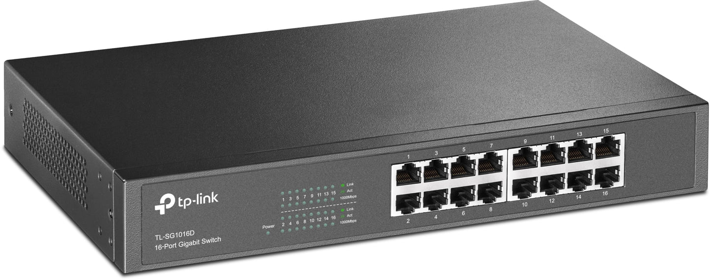 Tīkla slēdzis TP-Link TL-SG1016D ar 16 Gigabit portiem (uzstādīšanai statīvā, 32Gbit/S komutācijas jauda, ekranēti RJ-45 porti, metāla korpuss, IGMP-Snooping, nevadāms, Plug-and-Play), melns