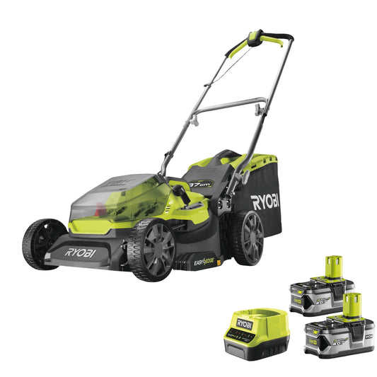 RYOBI 18V ONE+ akumulatora zāles pļāvējs RY18LM37A-240 - 37 cm pļaušanas platums, 6 pakāpju augstuma regulēšana, 2 x 4,0Ah akumulators.