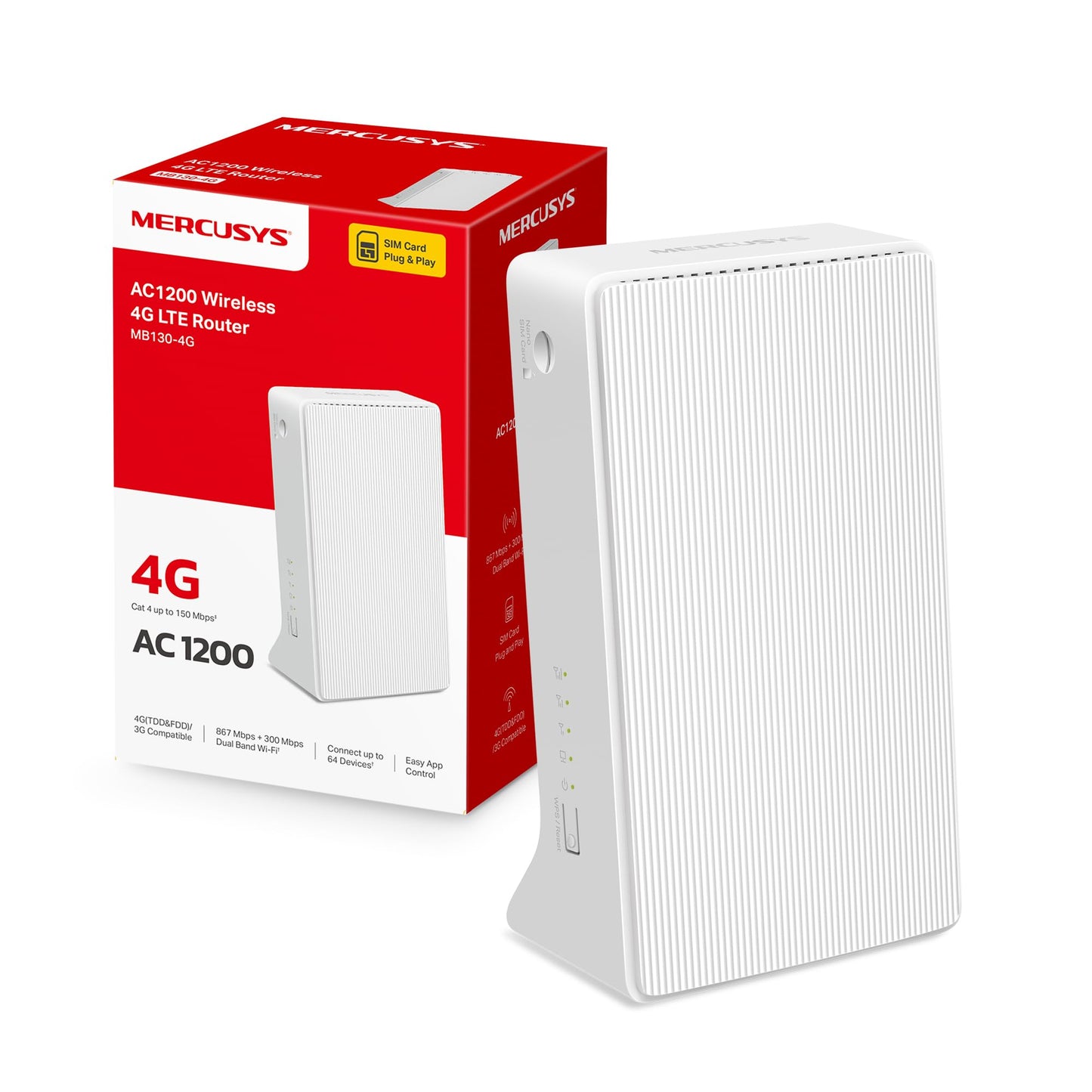 Mercusys MB130-4G LTE maršrutētājs, 4G maršrutētājs atbalsta SIM kartes, 4G Cat4 līdz 150 Mbit/s, WLAN Dual Band AC1200, 2X 100 Mbps porti, Plug and Play, līdz 64 ierīcēm, MERCUSYS lietotne