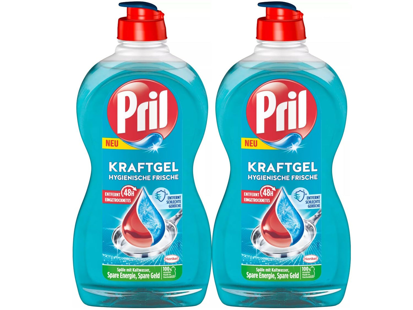 Trauku mazgāšanas līdzeklis PRIL Kraft Gel Hygienische Frische, 2x 450 ml, īpaši spēcīga tauku noņemšana, tīriem traukiem arī aukstā ūdenī