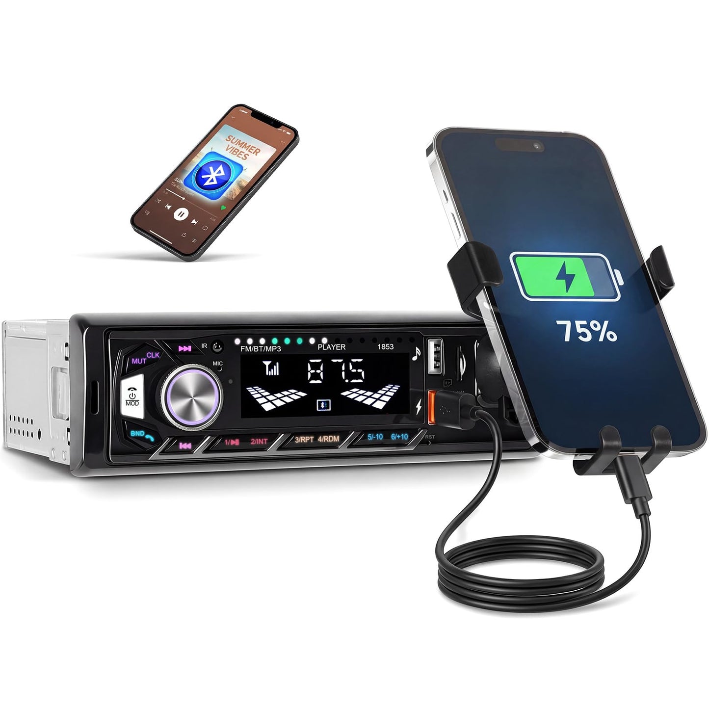 Auto radio OiLiehu 1Din ar Bluetooth brīvroku sistēmu, 1Din radio ar FM radio, MP3 atskaņotājs, AUX ieeja, USB atskaņošana/uzlāde/TF slots, ar telefona turētāju
