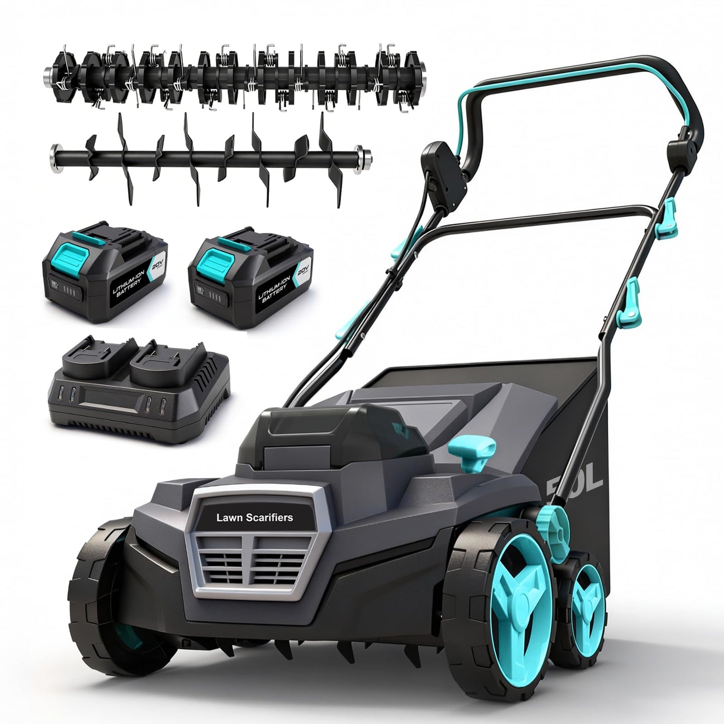 Akumulatora zāliena skarifikators un aerators BLUEMARS 40 V, elektriskais zāliena grābeklis, 50 l zāles savācējs, darba platums 38 cm, 2 x 20 V akumulatori, dubultais lādētājs, 3 dziļuma iestatījumi