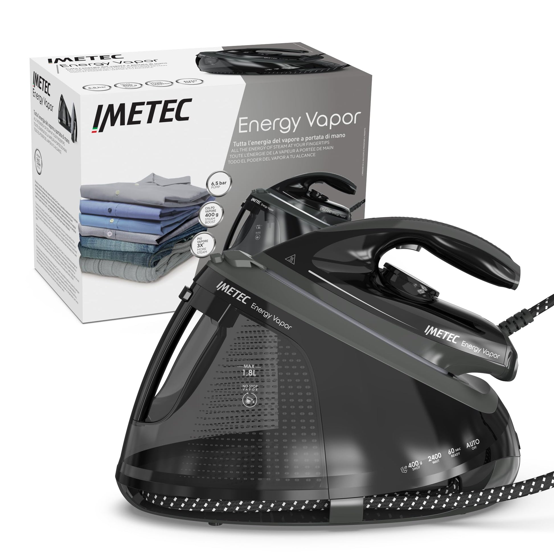 Imetec Energy Vapor - 6.5 BAR steam generator, 400g steam boost, 2400W, ceramic soleplate, automatic shut-off, ECO technology