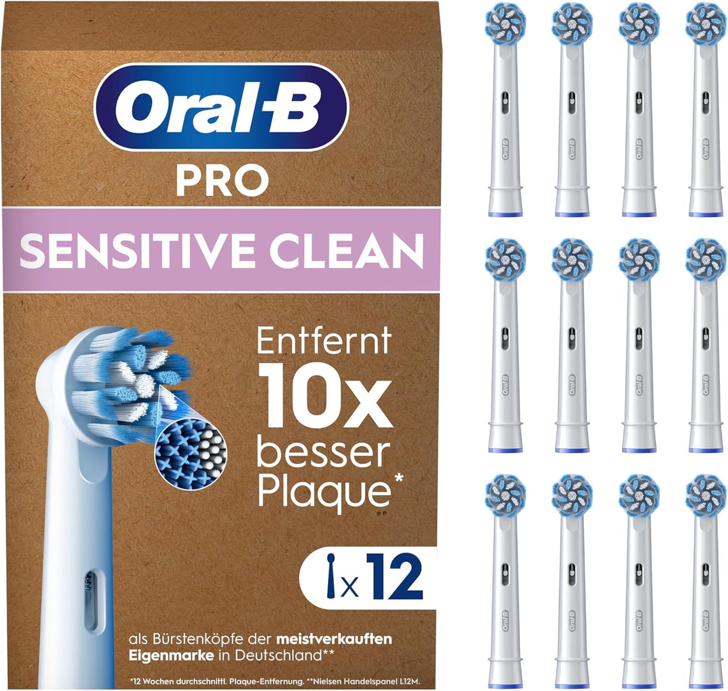 Oral-B Pro Sensitive Clean uzgaļi — ORIĢINĀLIE zobu birstes uzgaļi elektriskajām Oral-B Pro zobu birstēm — rezerves birstes, birstes galvas — Baltas, 12 gab.