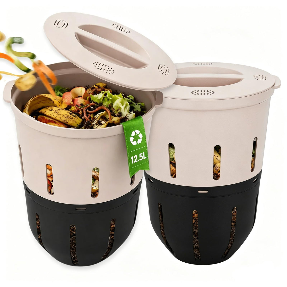 Pazemes slieku kompostētājs TOP XIAN 12,5 L, 2 gab., dobes kompostētājs ierakšanai dārzā, virtuves atkritumiem, plastmasa, pelēkbrūns 27,3x27,3x33 cm