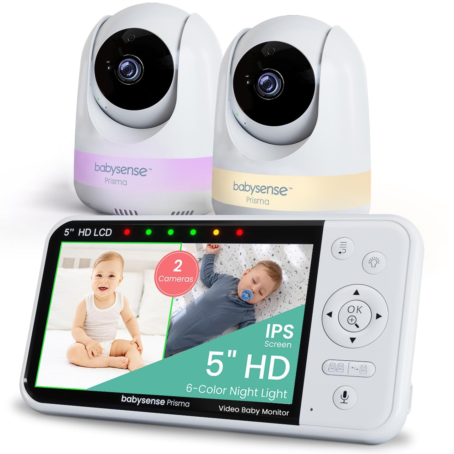Video bērnu monitors Babysense 720p HD, 5 Zoll, ar 2 kamerām, bez WLAN, 6 krāsu naktslampiņa, šūpuļdziesmas, 300m darbības rādiuss, divvirzienu audio, 4x tālummaiņa, 4000mAh akumulators