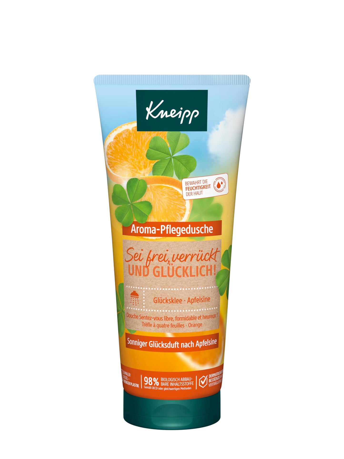 Dušas želeja Kneipp Aroma-Pflegedusche Sei Frei, verrückt und glücklich – saulains apelsīnu aromāts - ar augu izcelsmes aktīvajām vielām - vegāns - 200ml