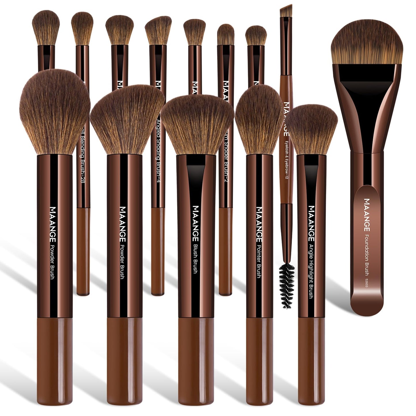 Makeup otu komplekts MAANGE, 14 daļu kabuki konturēšanas otiņas ar sintētiskiem sariem, tonālajam krēmam, korektoram un vaigu sārtumam, tumši brūns