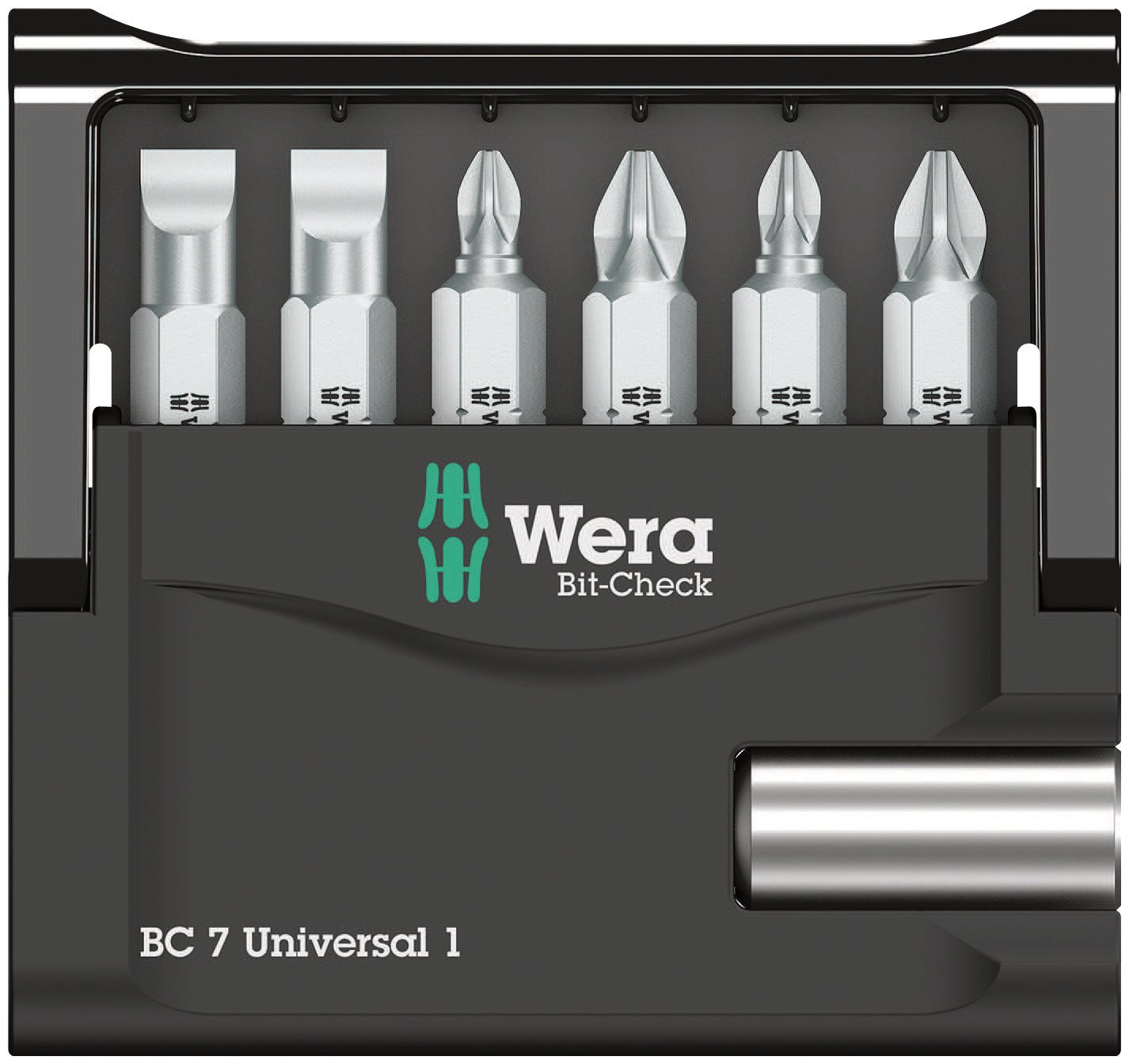 Wera Bit-Check 7 Universal 1 SB - 7-piece bit set with durable bits and compact storage solution.