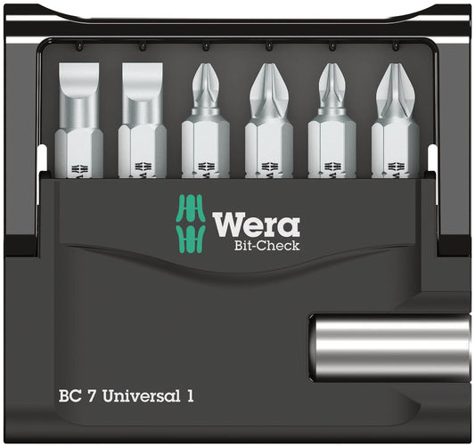 Wera Bit-Check 7 Universal 1 SB - 7-piece bit set with durable bits and compact storage solution.
