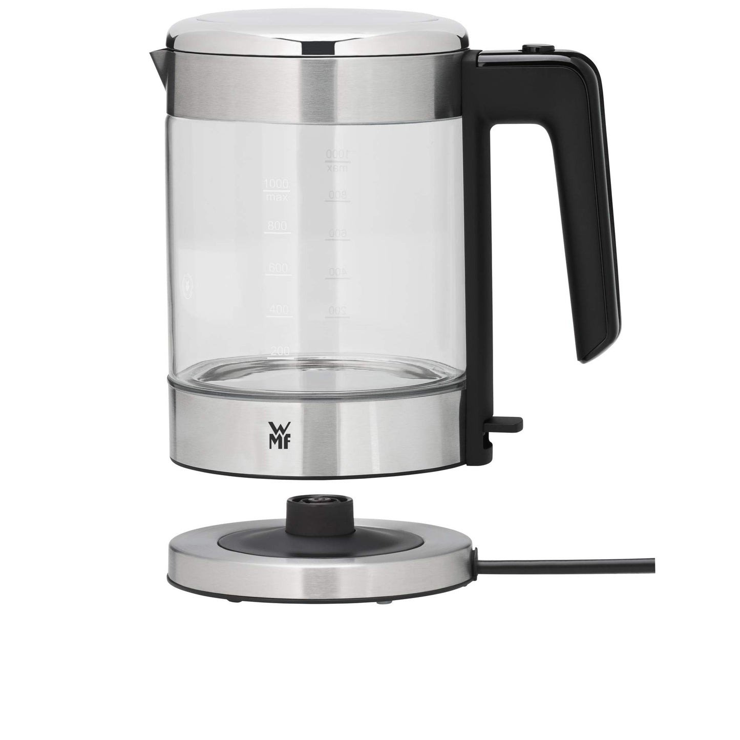 WMF Küchenminis stikla tējkanna - 1L, bezvadu, ūdens līmeņa indikators, kaļķu filtrs, automātiska vārīšanas apturēšana, 1900W.