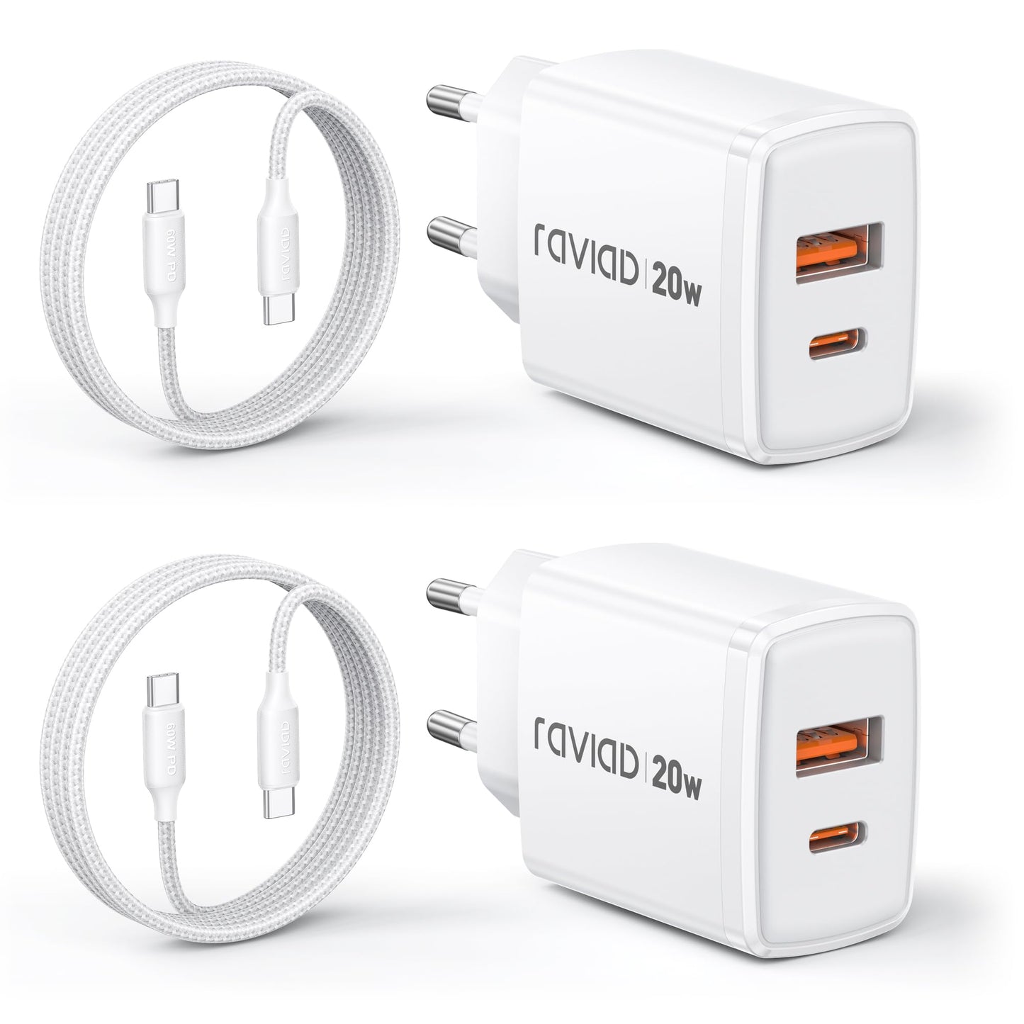 USB-C lādētājs RAVIAD 20W, 2 gab., 2 portu ātrās uzlādes komplekts ar 60W kabeli 2M