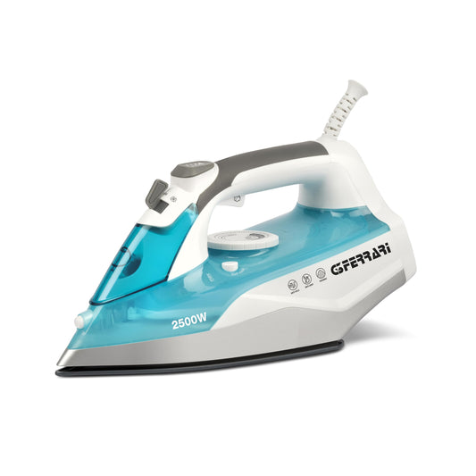 G3 Ferrari G40021 Ermes Steam Iron - 2500W, ceramic soleplate, 340cc capacity, 150g/min steam, self-cleaning, anti-calc, white/light blue