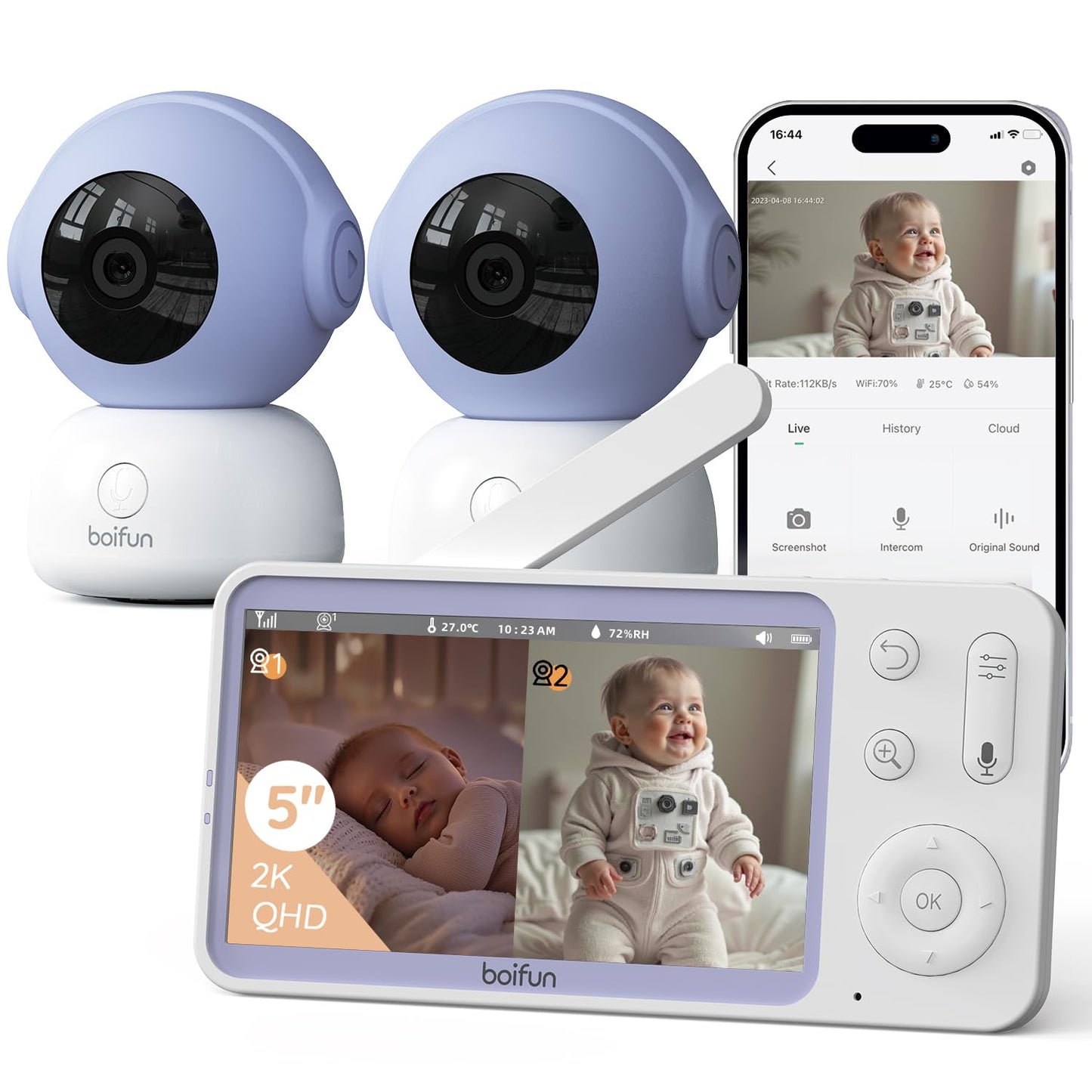 Bērnu monitors BOIFUN 2K/3MP ar 2 kamerām, 5" video babyphone ar lietotni
