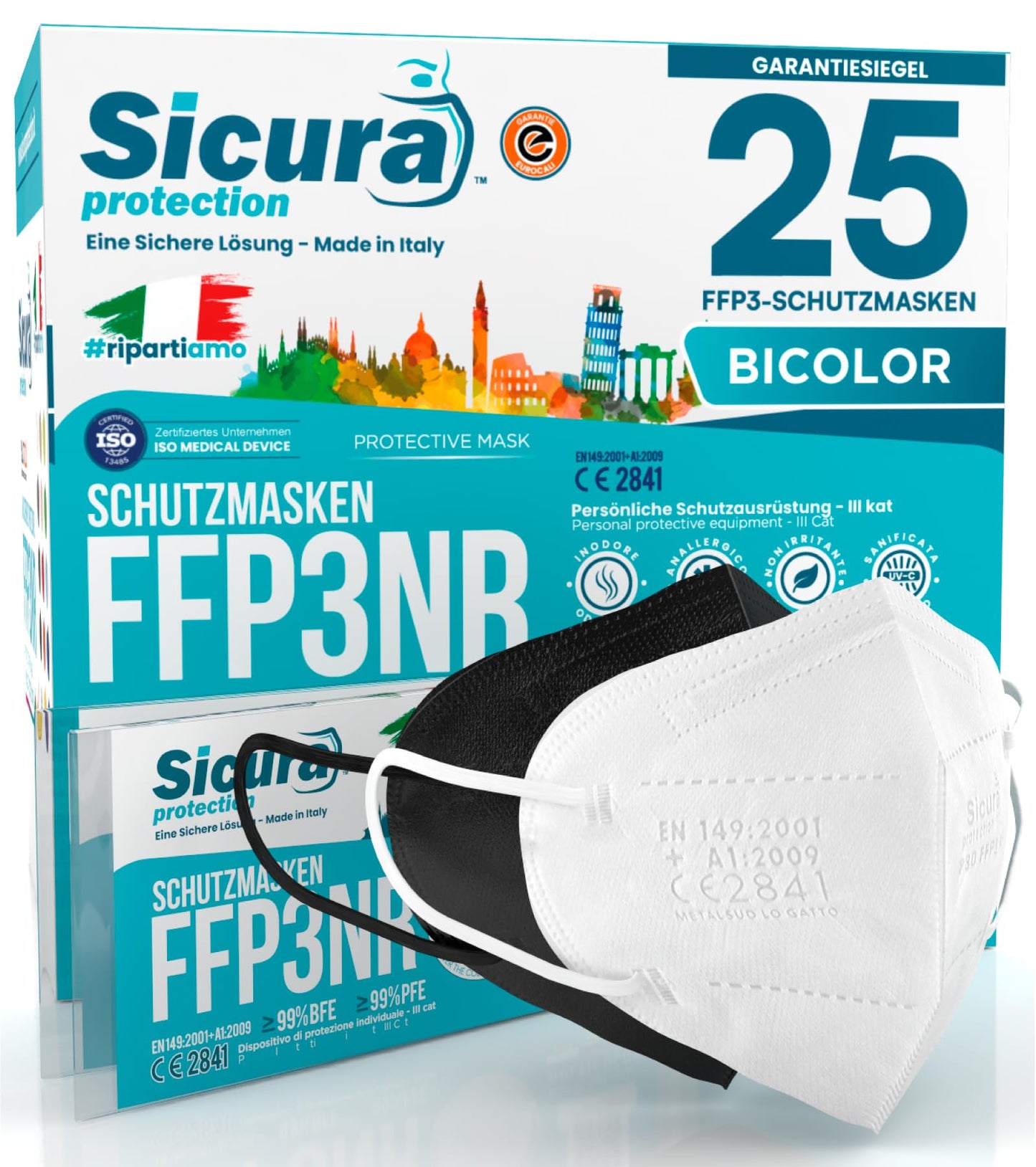 FFP3 maskas 25 gab. CE sertificētas, melnas un baltas, Made in Italy, BFE ≥99%, PFE ≥99%, SICURA logo apdruka, itāļu sanitizētas un katra atsevišķi iepakota, FFP3 maska, 12 baltas + 13 melnas