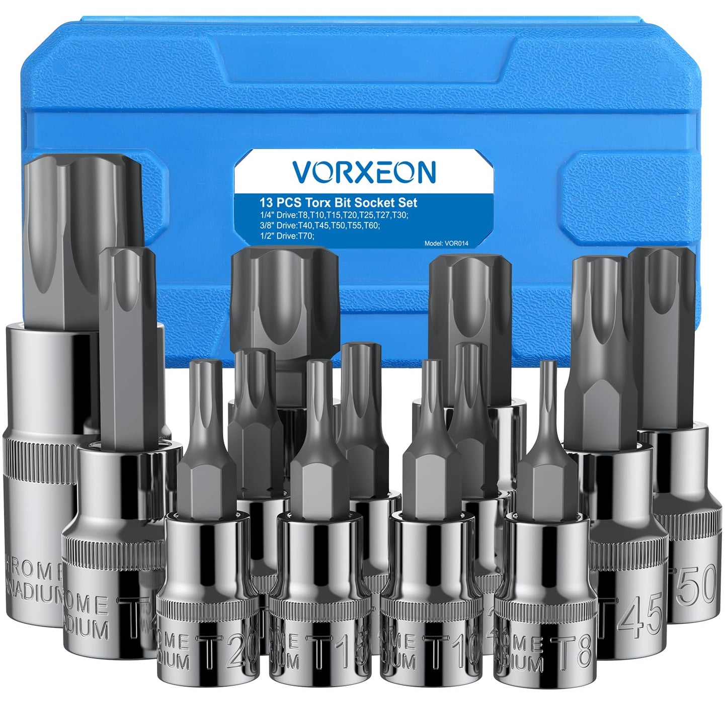 Torx bitu galviņu komplekts VORXEON 13 gab., T8 T10 T15 T20 T25 T27 T30 T40 T45 T55 T70, 1/4 3/8 1/2 collas, CR-V, S2