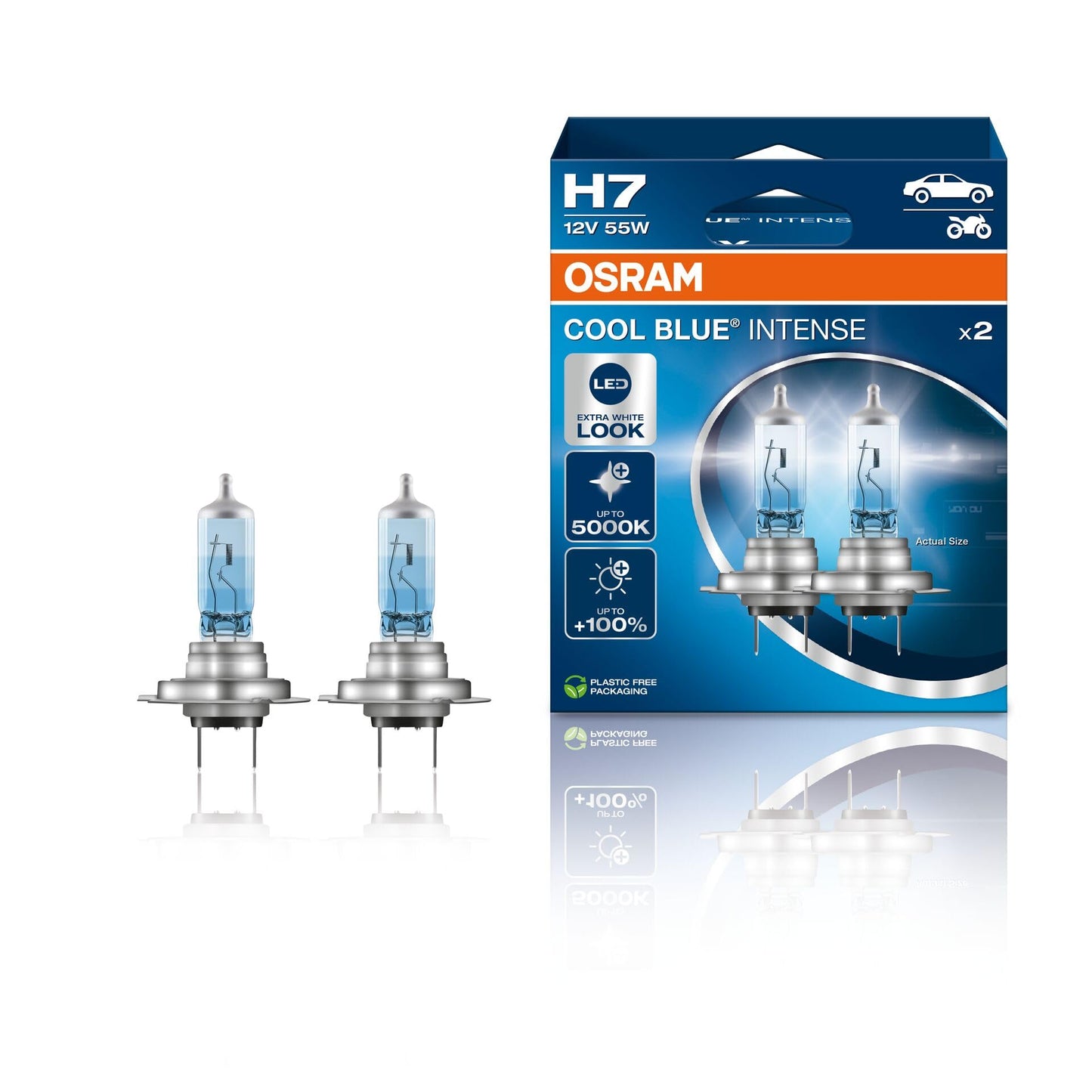 Auto spuldze Osram Cool Blue Intense H7, +100% spilgtums, līdz 5,000K, halogēna priekšējā luktura spuldze, LED look, 2 gab.