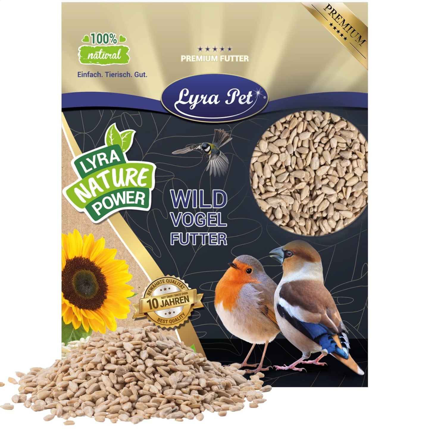 Putnu barība Lyra Pet® | 25 kg lobītas saulespuķu sēklas | Premium savvaļas putnu barība visa gada garumā | Enerģijas avots vasarai un ziemai | Bez čaumalām