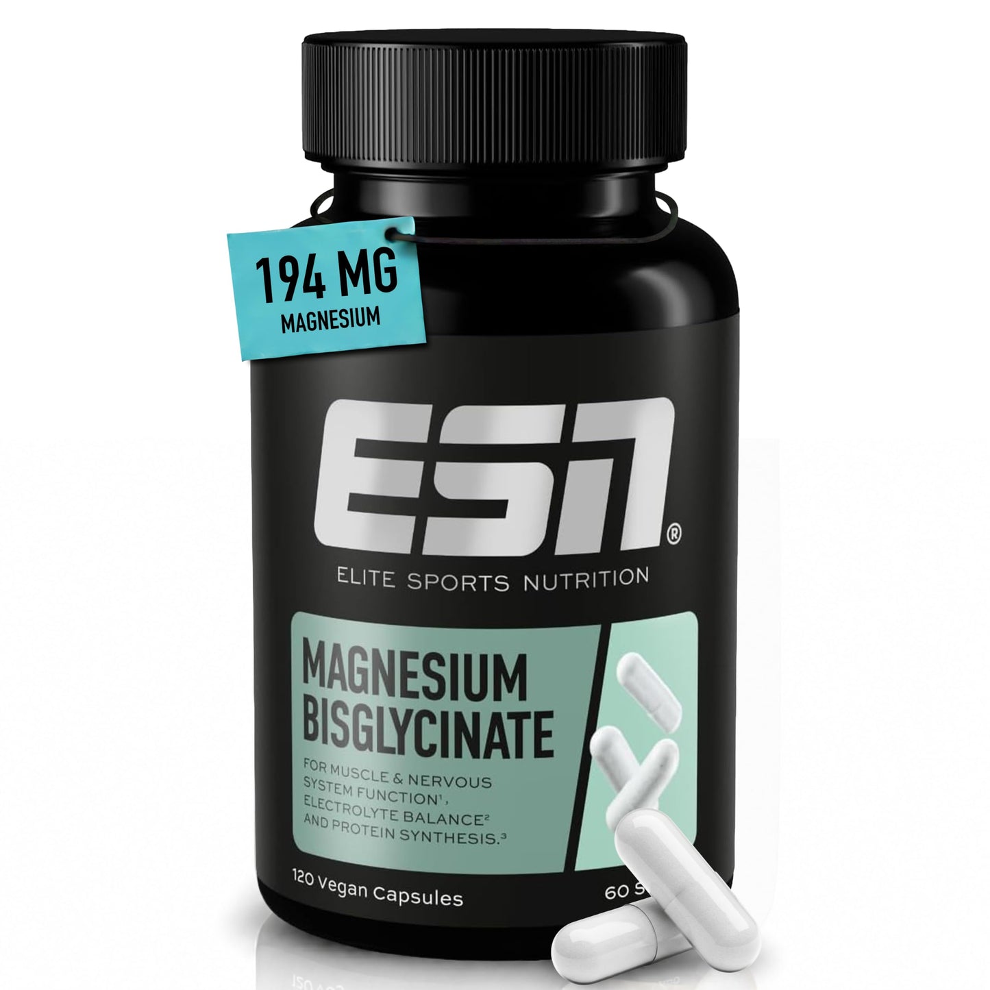 ESN magnija bisglicināta kapsulas ar 194 mg magnija dienas devā