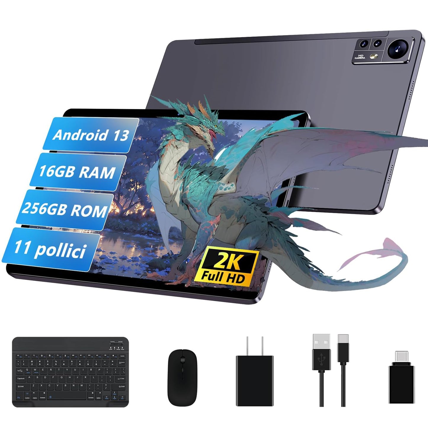 AOCWEI 2023 planšetdators 11 collas Android 13 16(8+8) GB RAM + 256 GB ROM (TF 512 GB)|8600 mAh|5 MP+13 MP+2 MP| 2000 x 1200 pikseļi, Bluetooth 5.0 |5 G + 2,4 G WiFi, Octa-Core, planšetdators ar vāciņu+taustiņu
