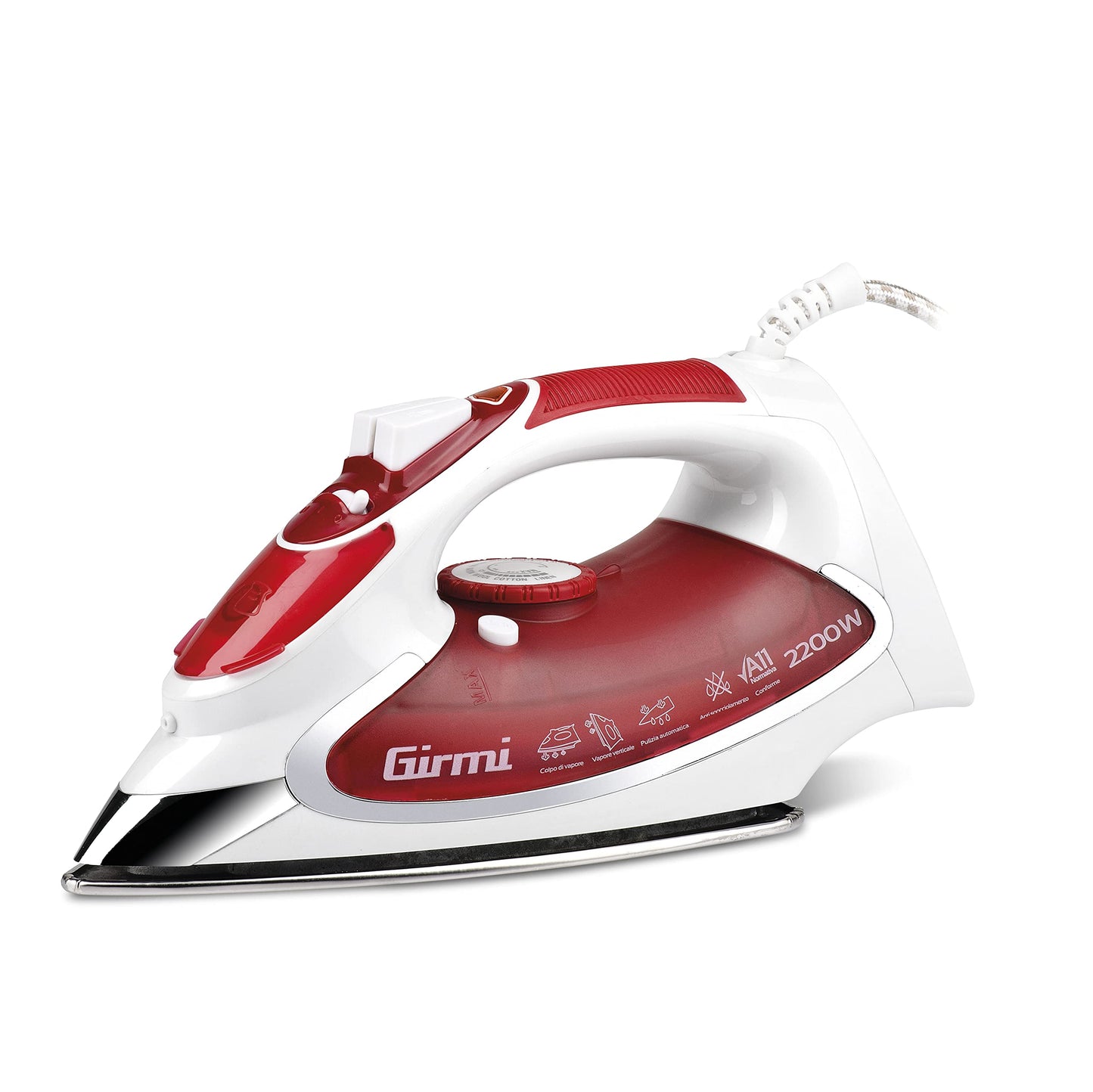 Girmi ST5000 ST50 Gludeklis - Red plastic steam iron with adjustable temperature and non-stick soleplate.