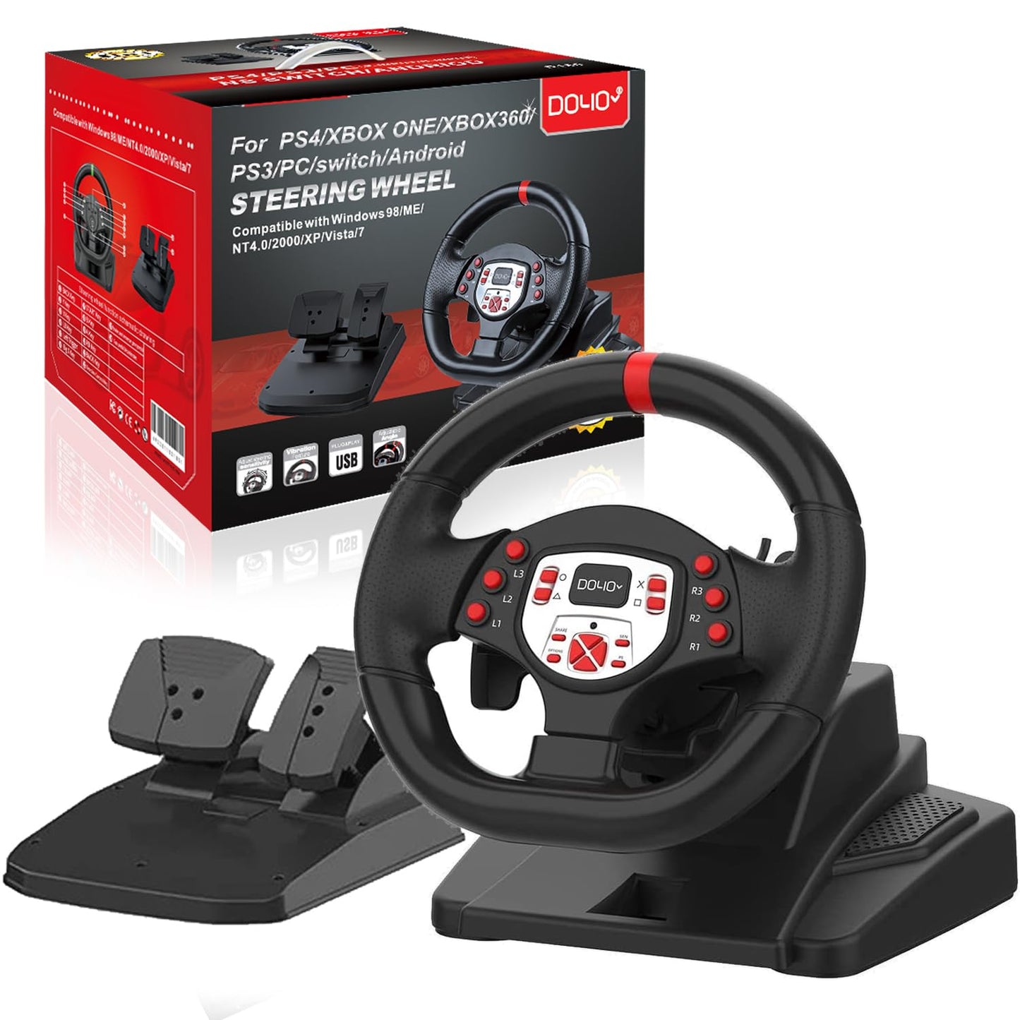 NBCP DOYO spēļu stūre ar pedāļiem, USB 180° stūre PC, PS4, Xbox One, PS3, Xbox Series X/S, Switch, ar dubultmotoru vibrāciju, regulējamu augstumu un slīpumu