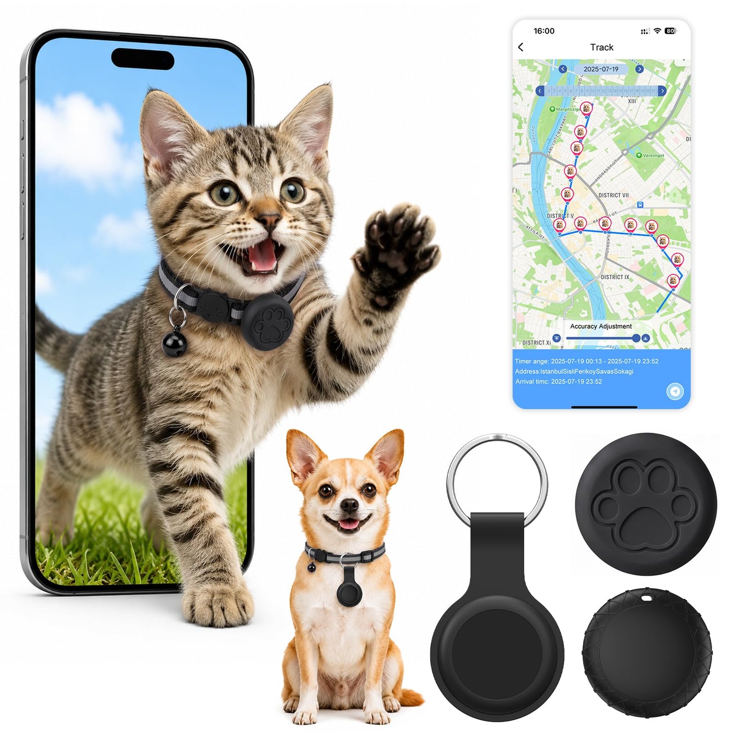 Kaķu GPS izsekotājs, Smart Tracker bez abonēšanas, piemērots kaķiem/suņiem, saderīgs ar iOS un Android, pasaules atrašanās vietas noteikšana, IPX6 ūdensizturīgs - melns