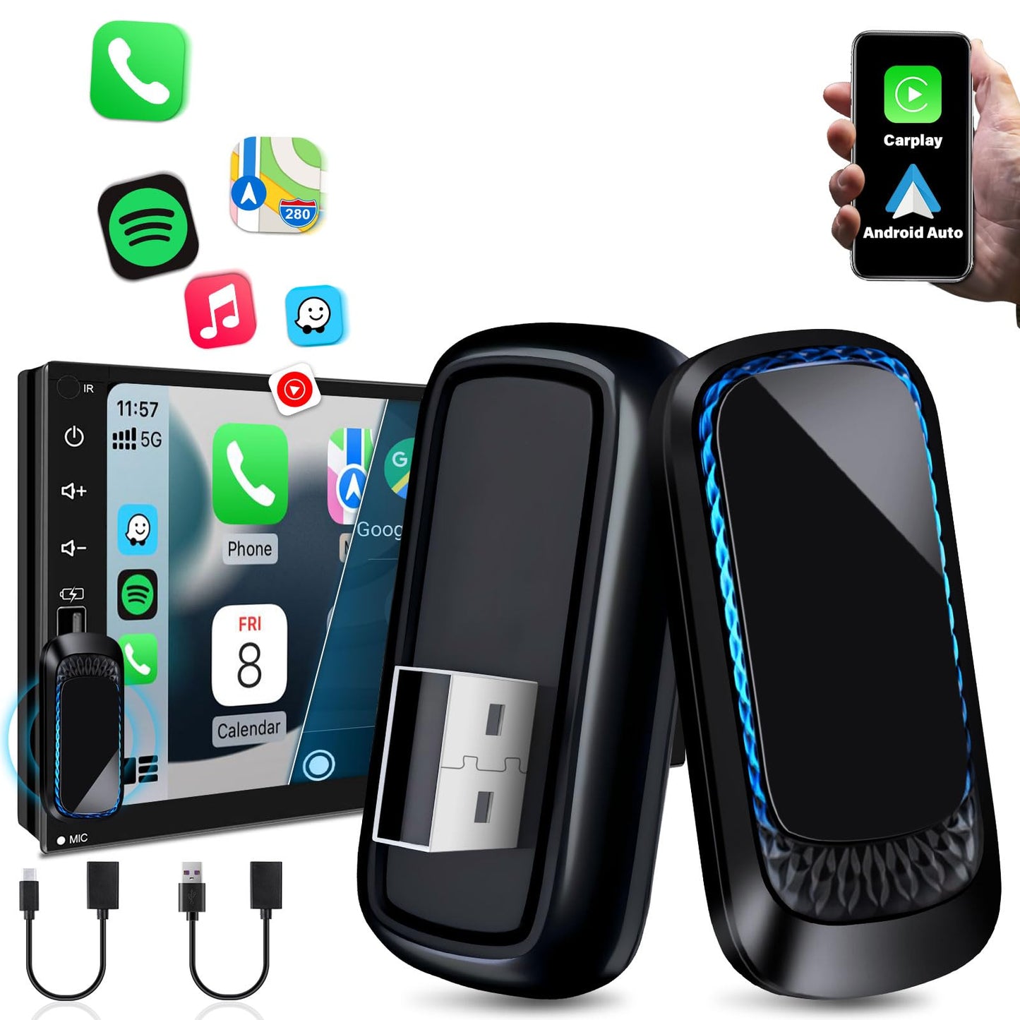 5. Vtopek Carplay bezvadu adapteris 2-in-1 Apple Carplay bezvadu adapteris Android Auto bezvadu adapteris, pārvērš ražotāja vadu CarPlay par bezvadu, saderīgs ar iOS 10+/Android 11+ telefoniem