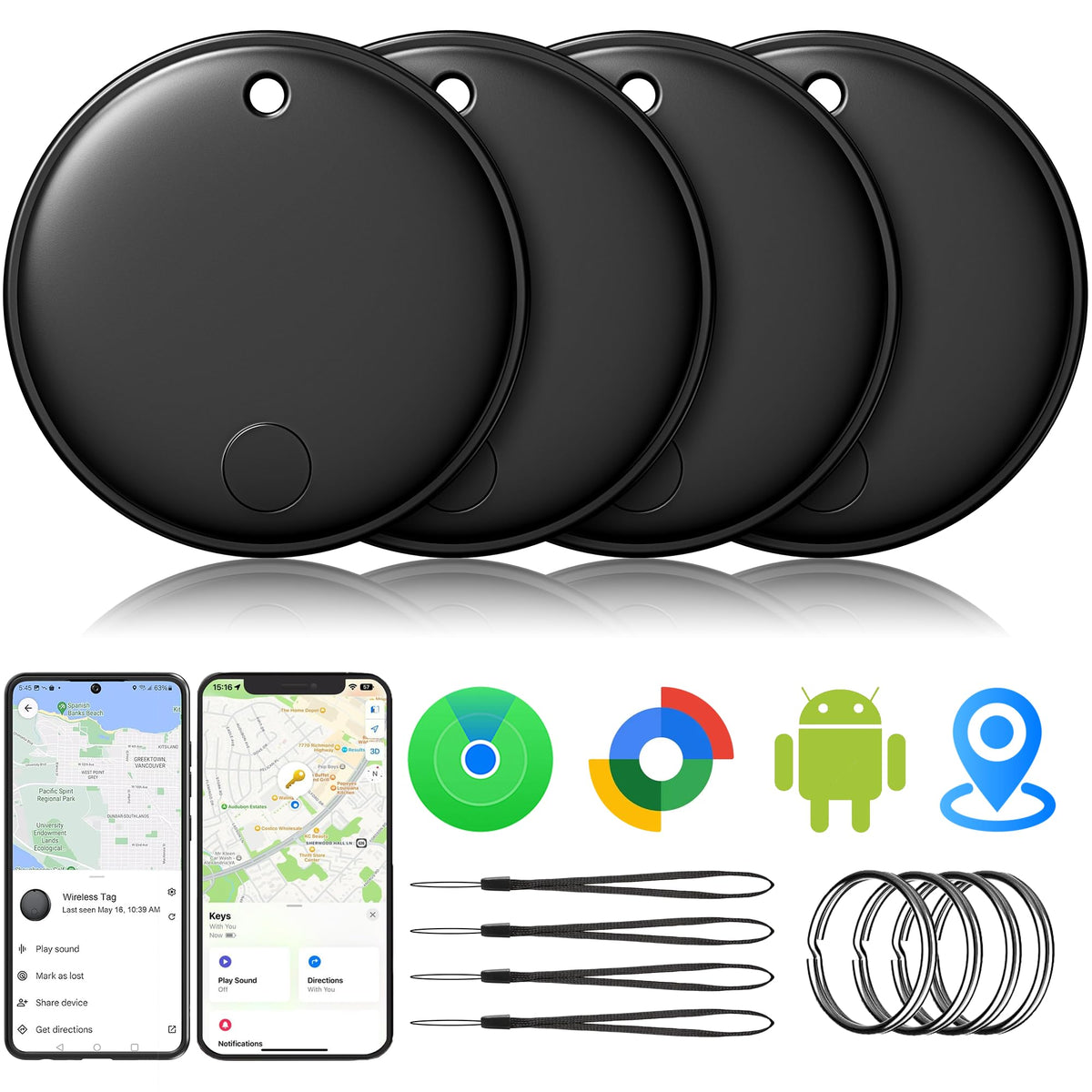 2026 Air Tracker Smart Tag Android un iOS, 4 gab. komplekts, Bluetooth trekeris bez abonementa, saderīgs ar Apple “Wo ist?” un Android Google Find Hub, 4xBlack