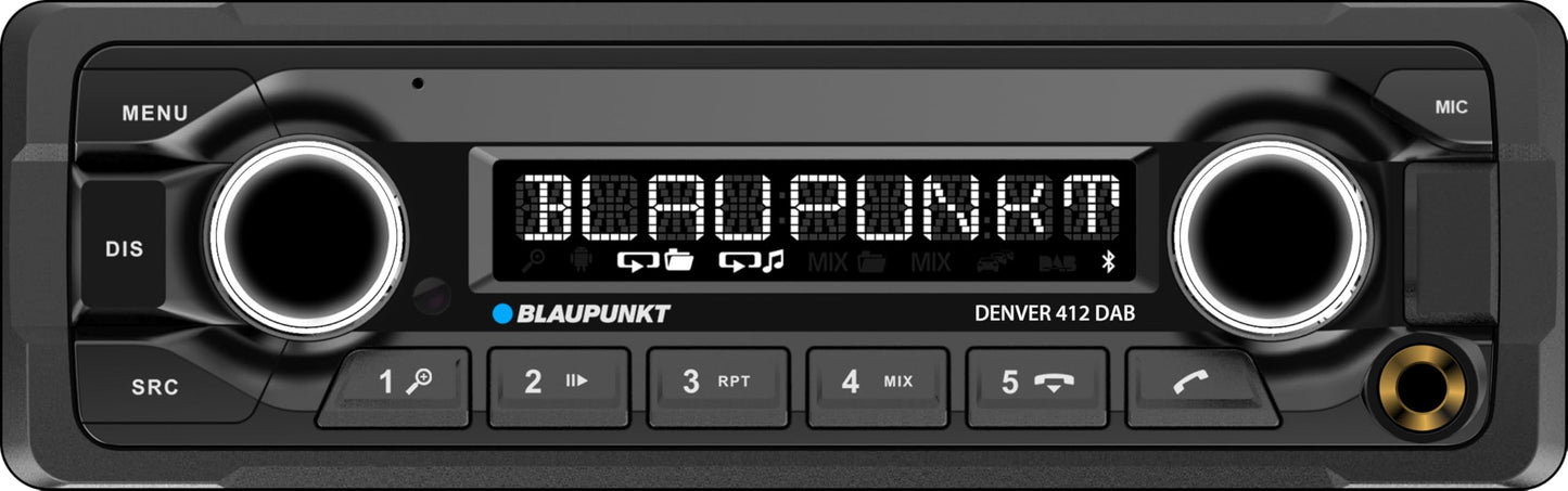 Auto radio Blaupunkt Denver 412 DAB, 1-DIN, DAB+, Bluetooth, brīvroku sistēma, USB, AUX ieeja, stūres vadība, 4x50Watt, 12V