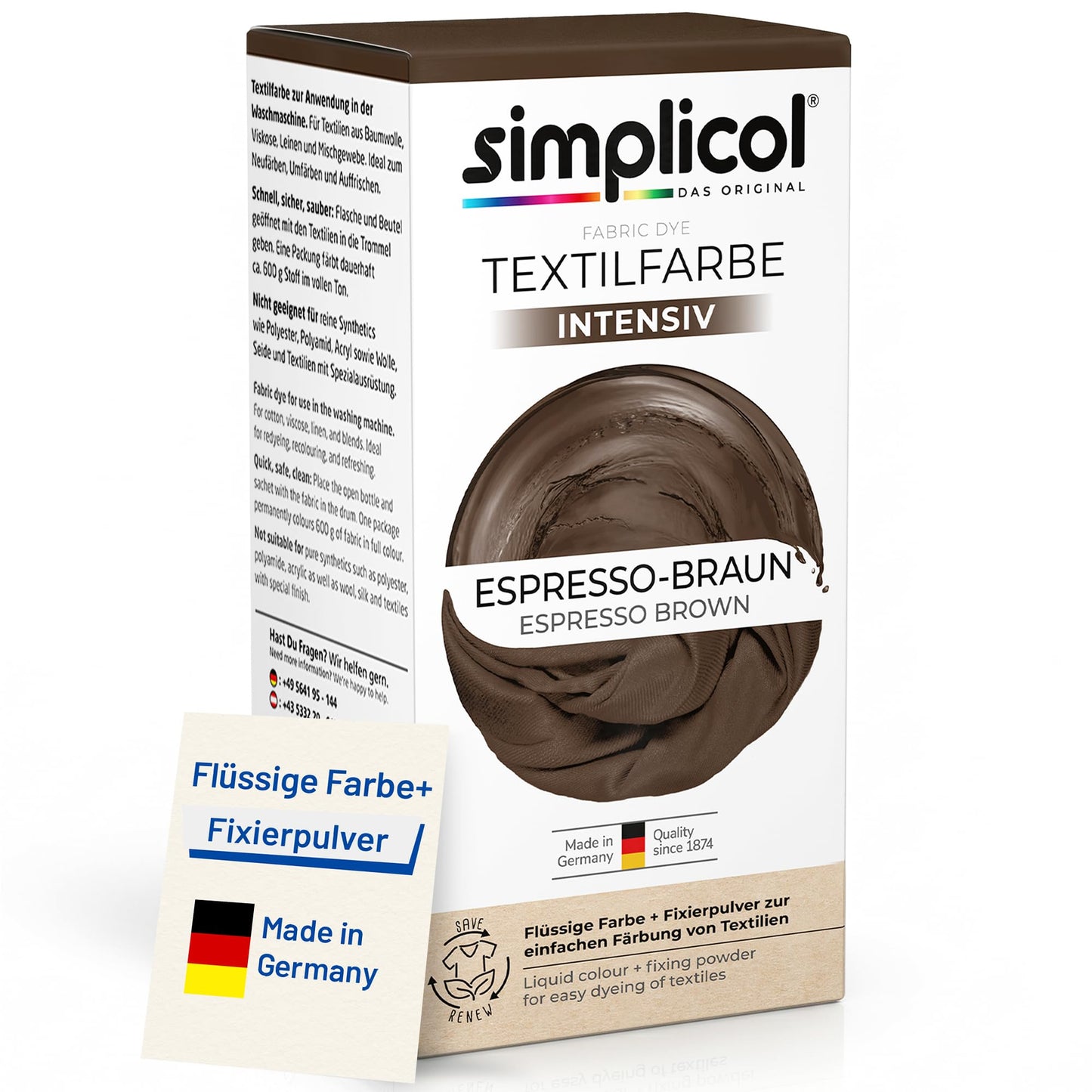 simplicol tekstila krāsa intensīva Espresso-Braun, 1 gab. iepakojums, veļasmašīnā mazgājama tekstila krāsa, šķidra krāsa un fiksējošs pulveris ar sāli, auduma krāsa pārkrāsošanai, atsvaidzināšanai un jaunas krāsošanai