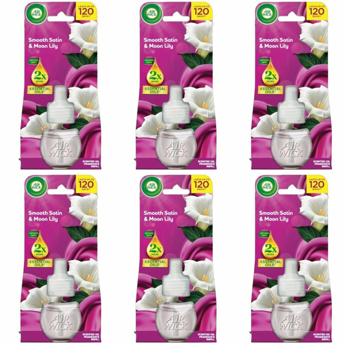 Elektriskā gaisa atsvaidzinātāja uzpildes kasetne Air Wick Seide & Lilienfrische, Velvet Satin un Night Lily, 6 x 19ml