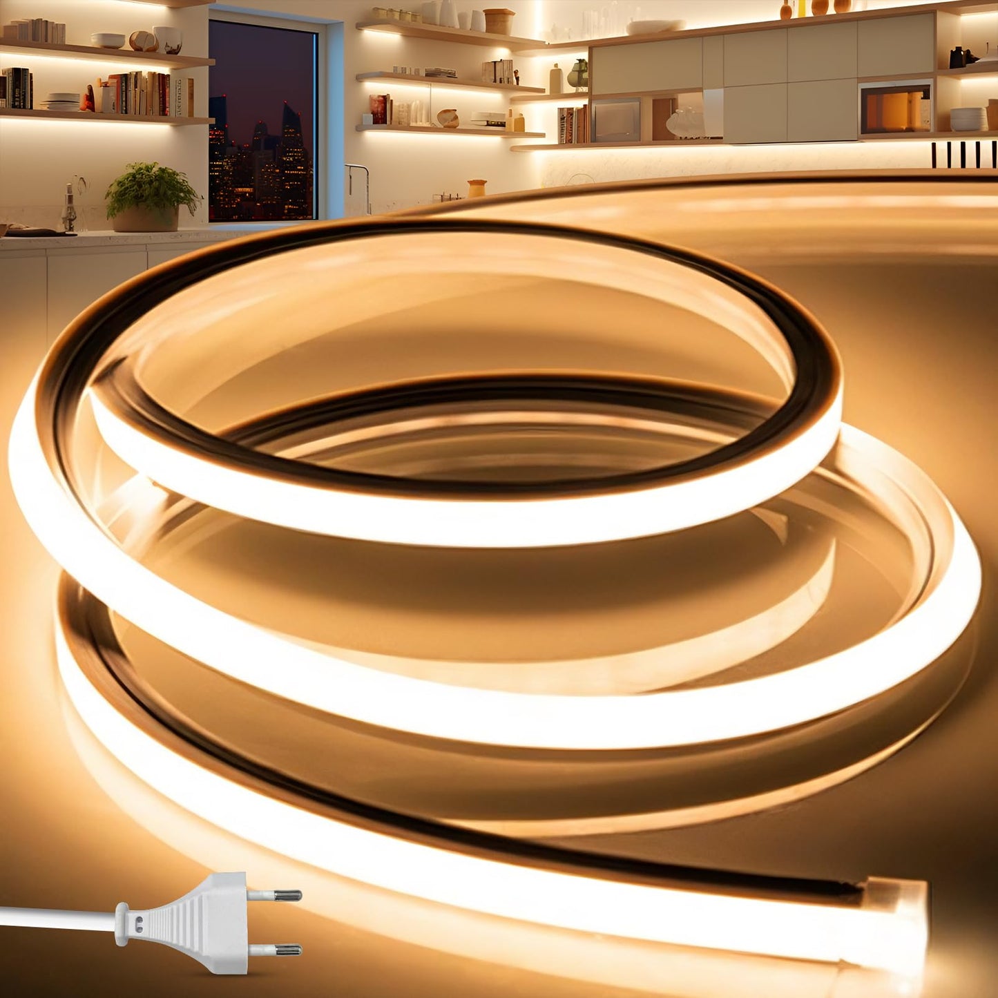 LED sloksne āra lietošanai BRIMETI 230V Neon LED Strip 3M, ūdensizturīga, IP65, silti balta, silikona, 120LED/M, iekšdarbam un āra apgaismojumam