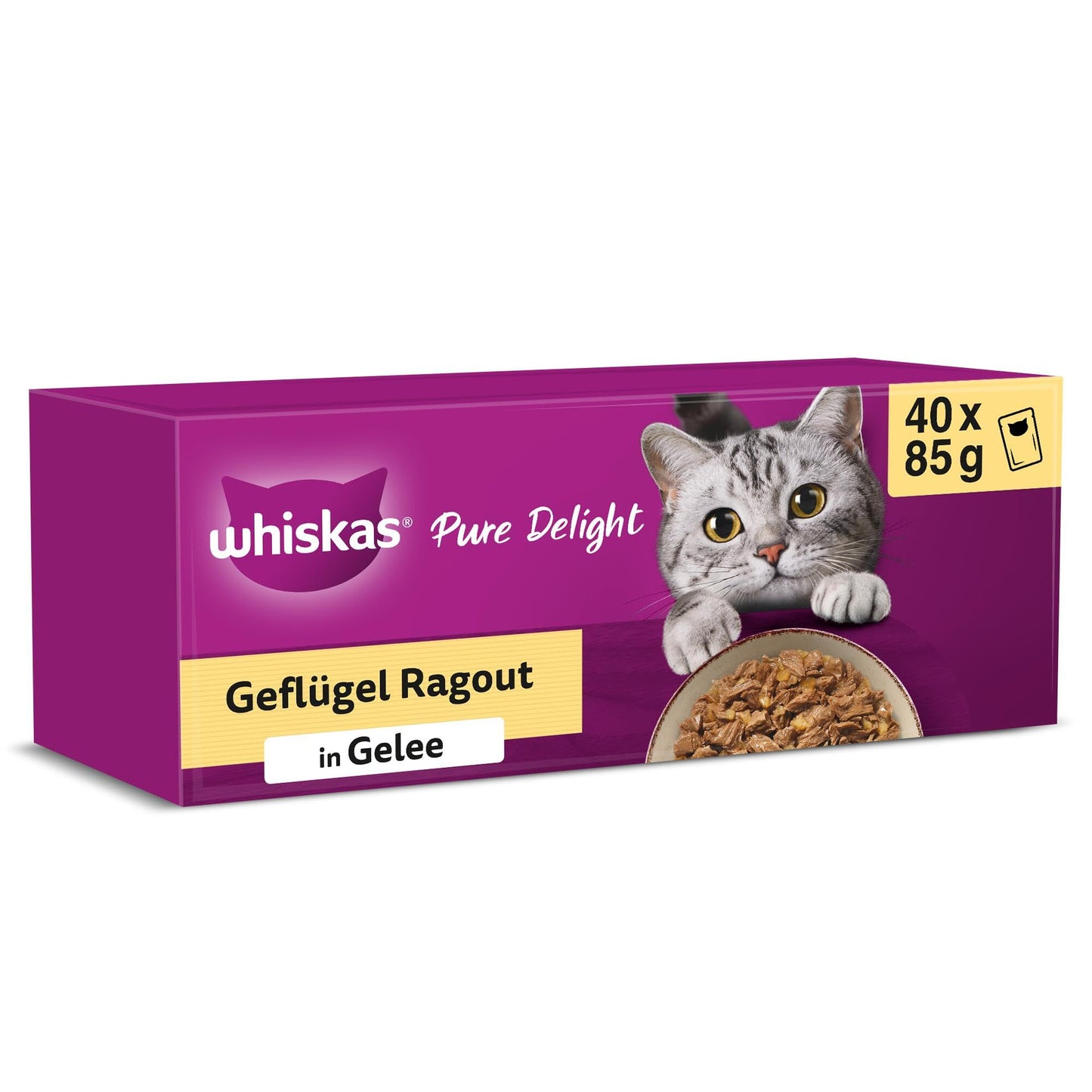 Whiskas 1+ mitrā kaķu barība ragū ar mājputniem želejā, 40x85 g (1 iepakojums) – kvalitatīva mitrā barība pieaugušiem kaķiem 40 porciju maisiņos