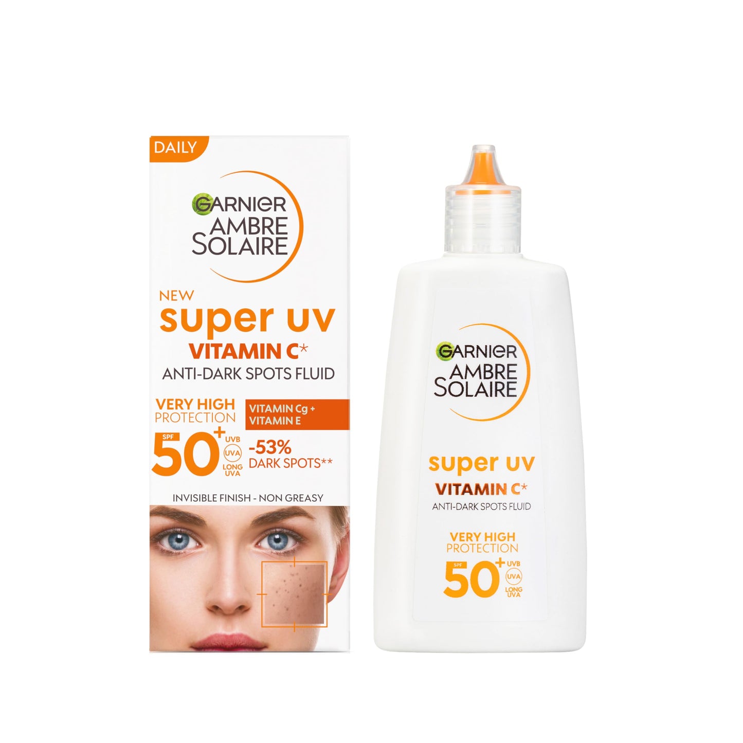 Saules aizsargfluīds pret tumšiem plankumiem Garnier Ambre Solaire Super UV Vitamin C Daily Fluid SPF50+, 40 ml