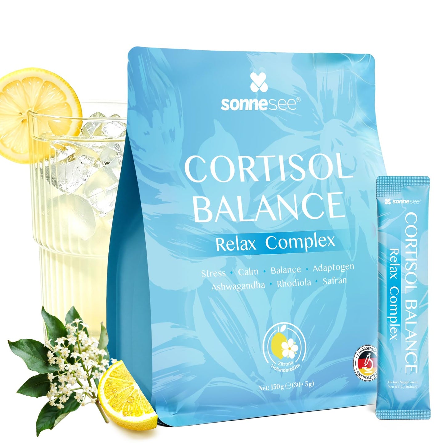 Ašvagandas un stresa adaptogēnu pulveris Sonnesee Cortisol Balance Support – ar rodiolu, GABA un L-teanīnu, nervu sistēmas un psihes atbalstam, 150g